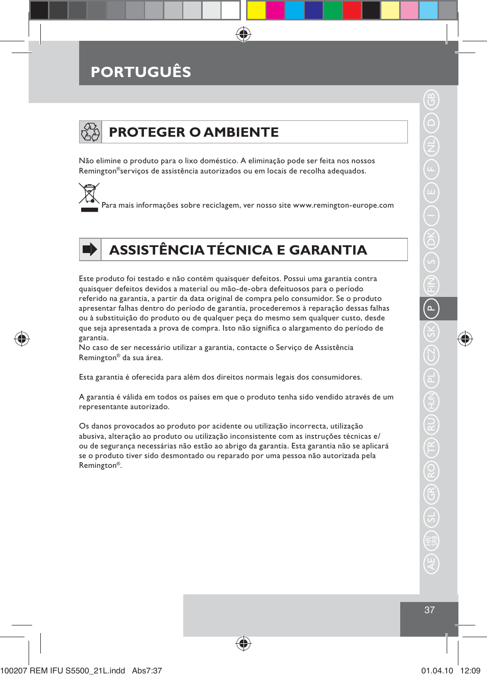 Português, Proteger o ambiente, Assistência técnica e garantia | Remington S5500 User Manual | Page 39 / 83
