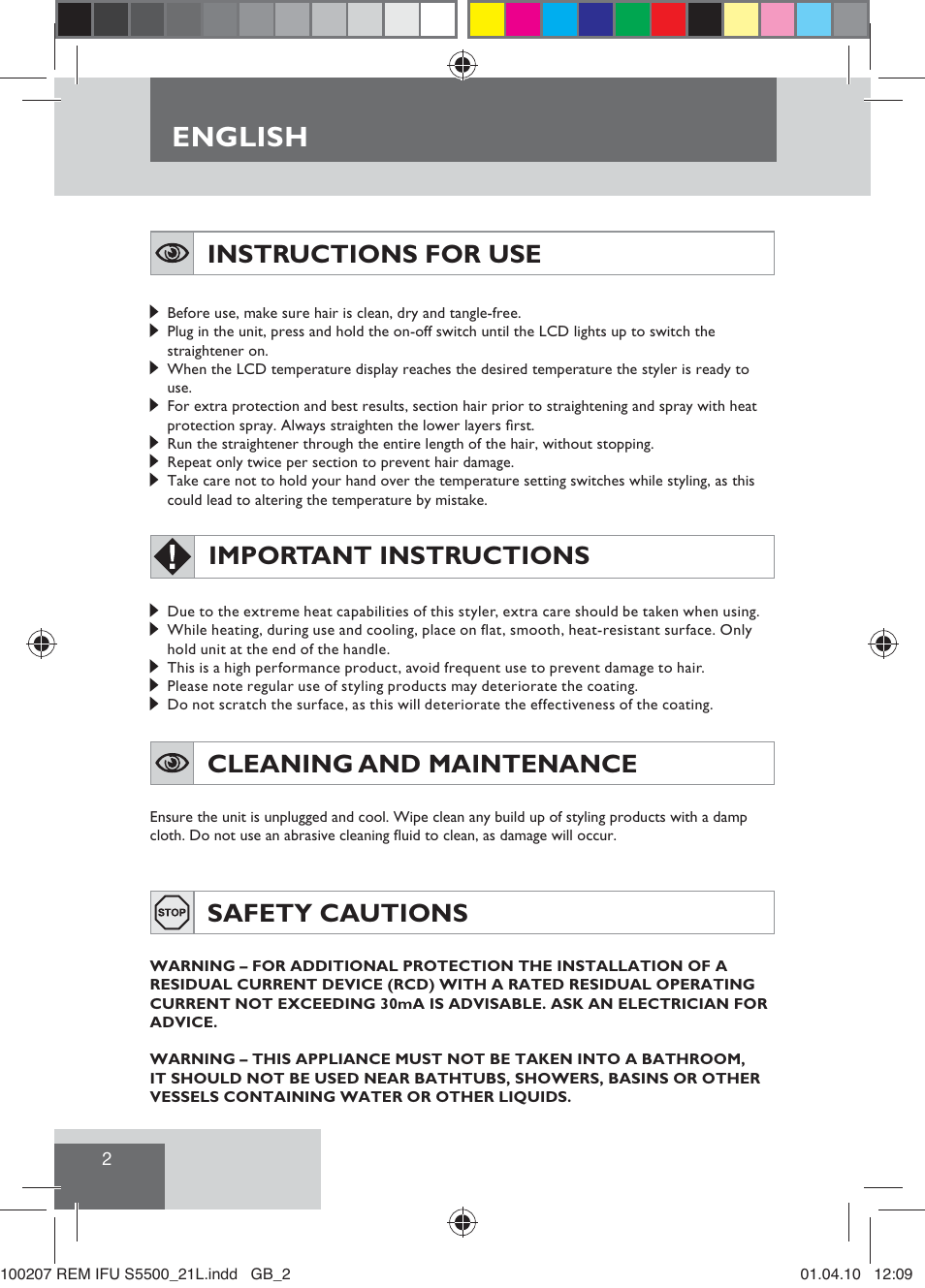 English, Instructions for use, Important instructions | Cleaning and maintenance, Safety cautions | Remington S5500 User Manual | Page 4 / 83
