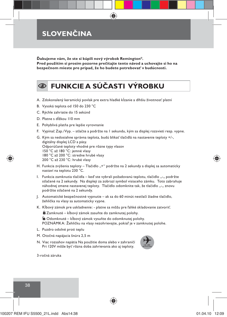 Sloven ina, Slovenčina, Funkcie a súčasti výrobku | Remington S5500 User Manual | Page 40 / 83
