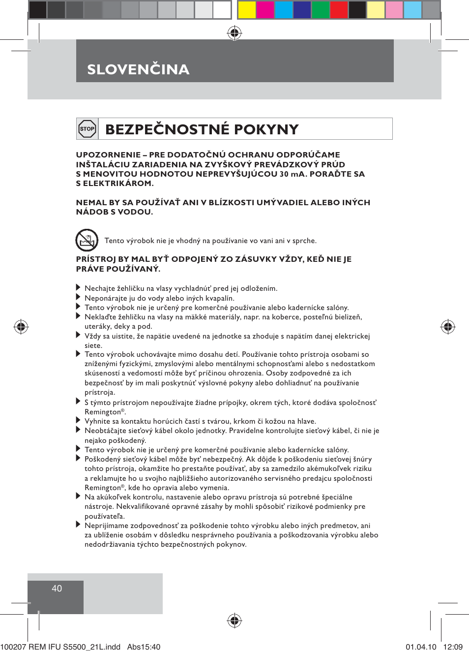 Sloven ina, Slovenčina bezpečnostné pokyny | Remington S5500 User Manual | Page 42 / 83