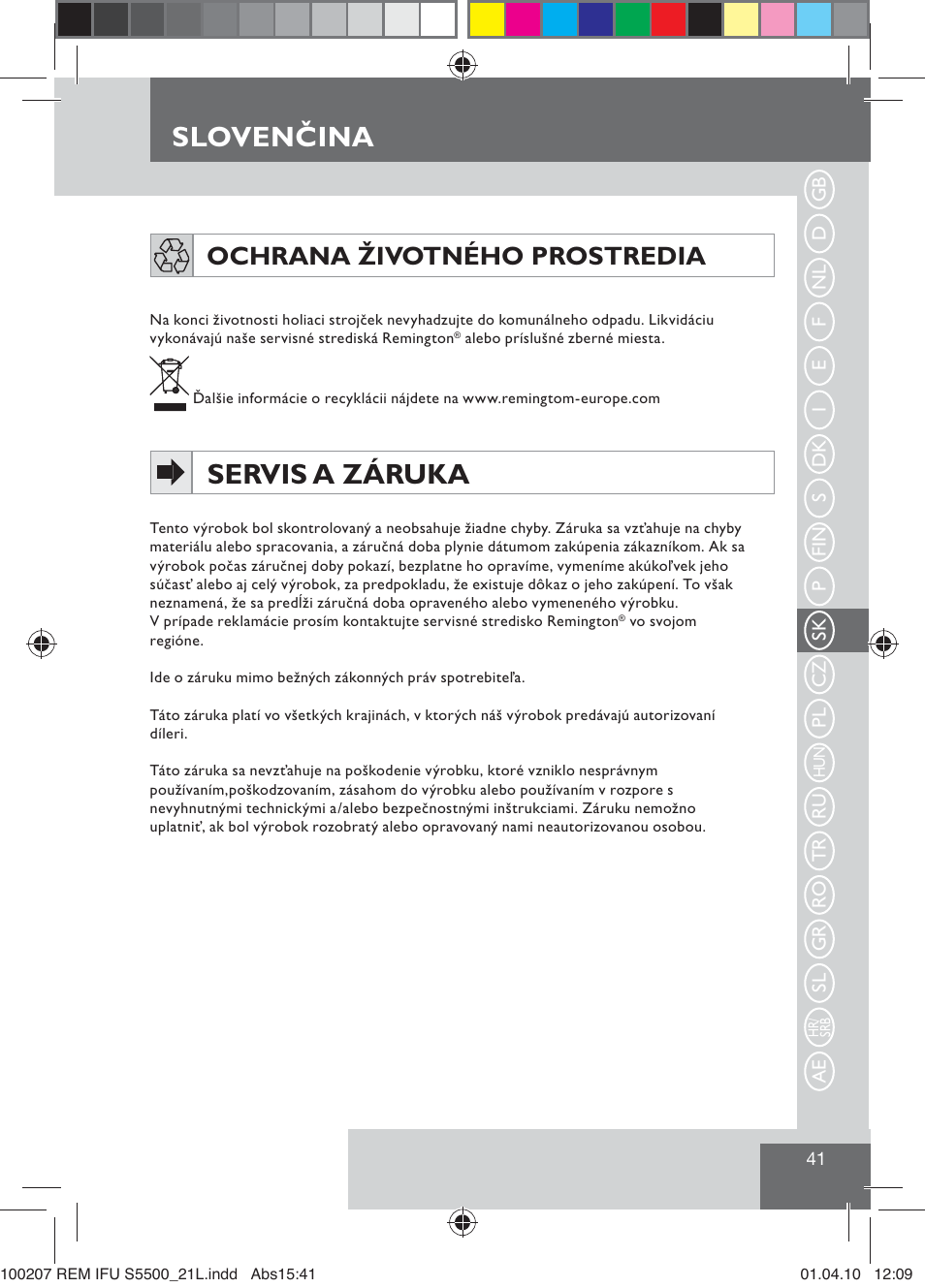 Sloven ina, Slovenčina, Servis a záruka | Ochrana životného prostredia | Remington S5500 User Manual | Page 43 / 83