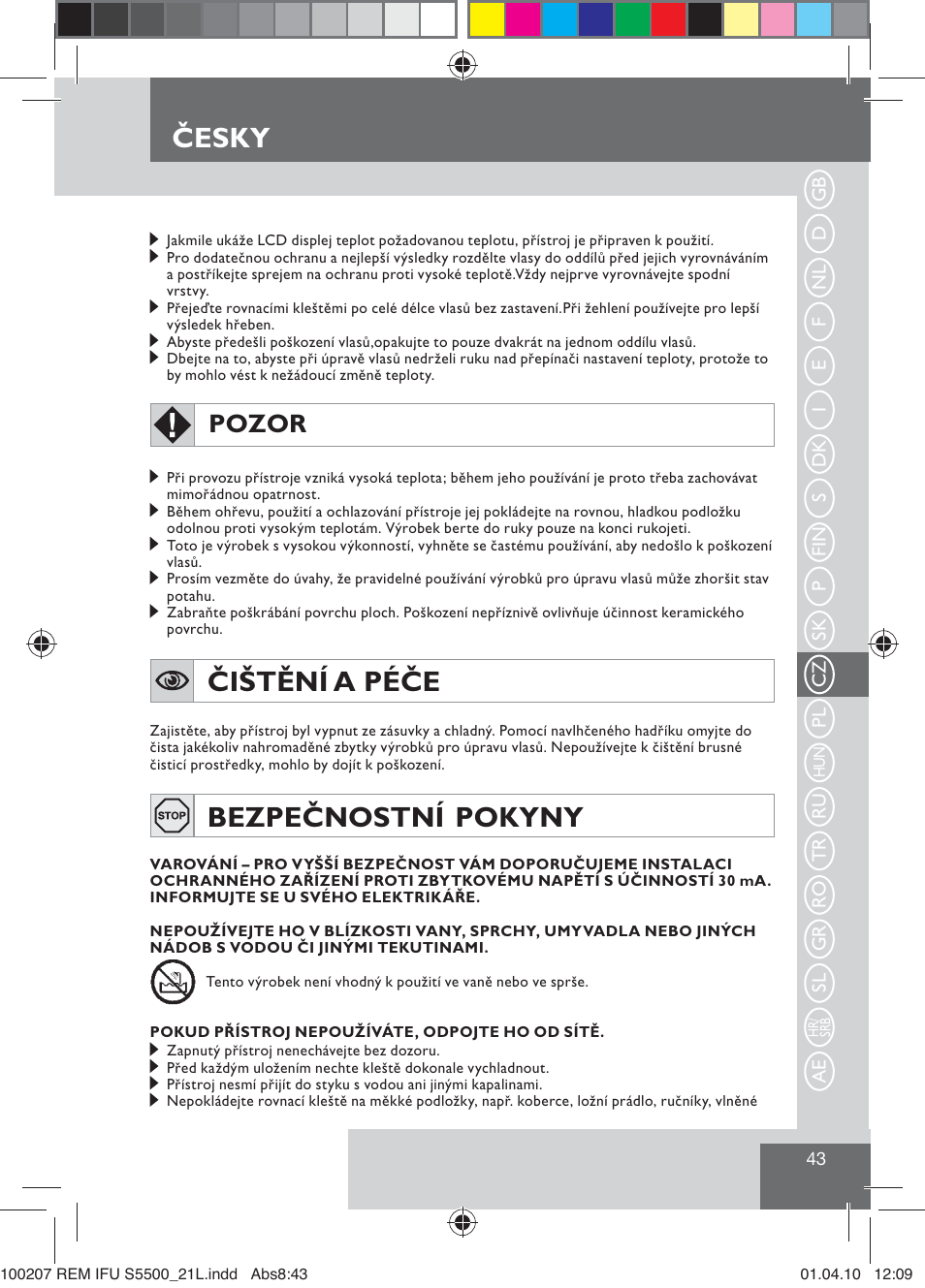 Čištění a péče, Bezpečnostní pokyny, Česky | Pozor | Remington S5500 User Manual | Page 45 / 83