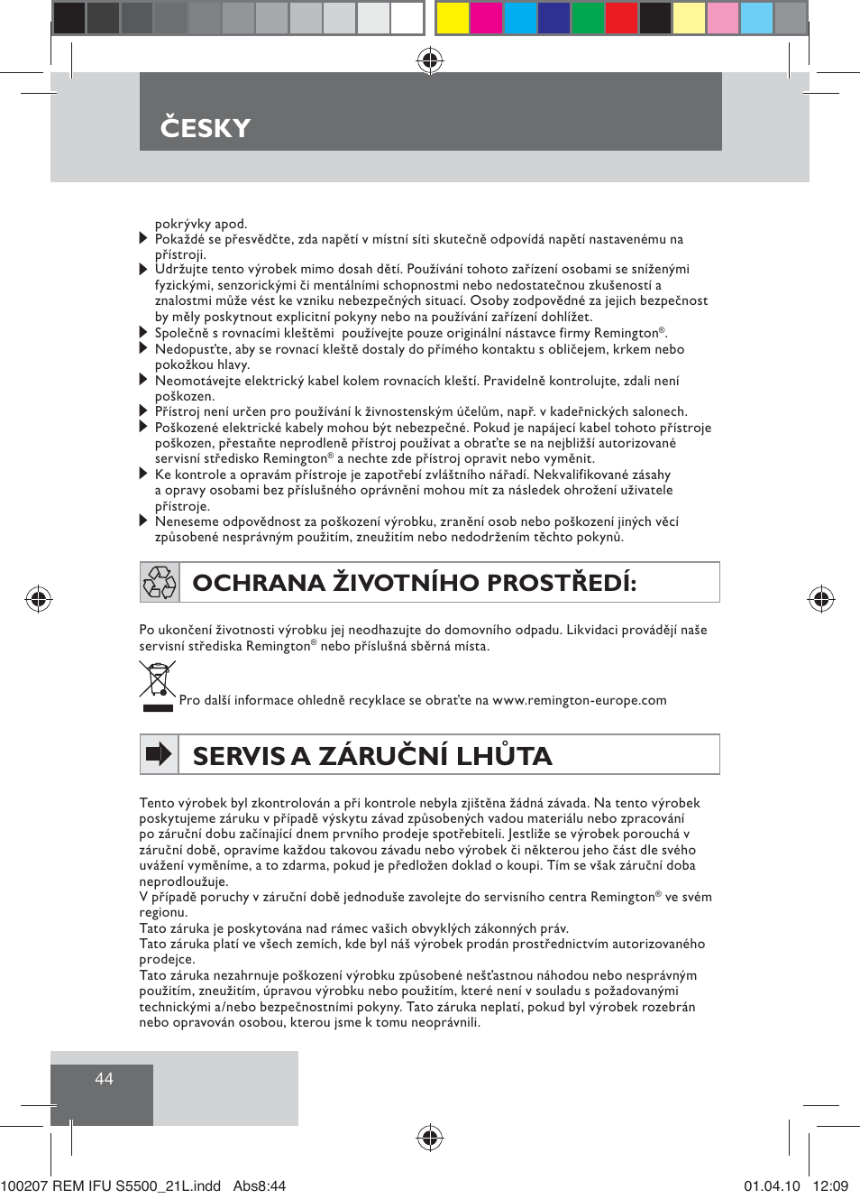 Servis a záruční lhůta, Česky, Ochrana životního prostředí | Remington S5500 User Manual | Page 46 / 83
