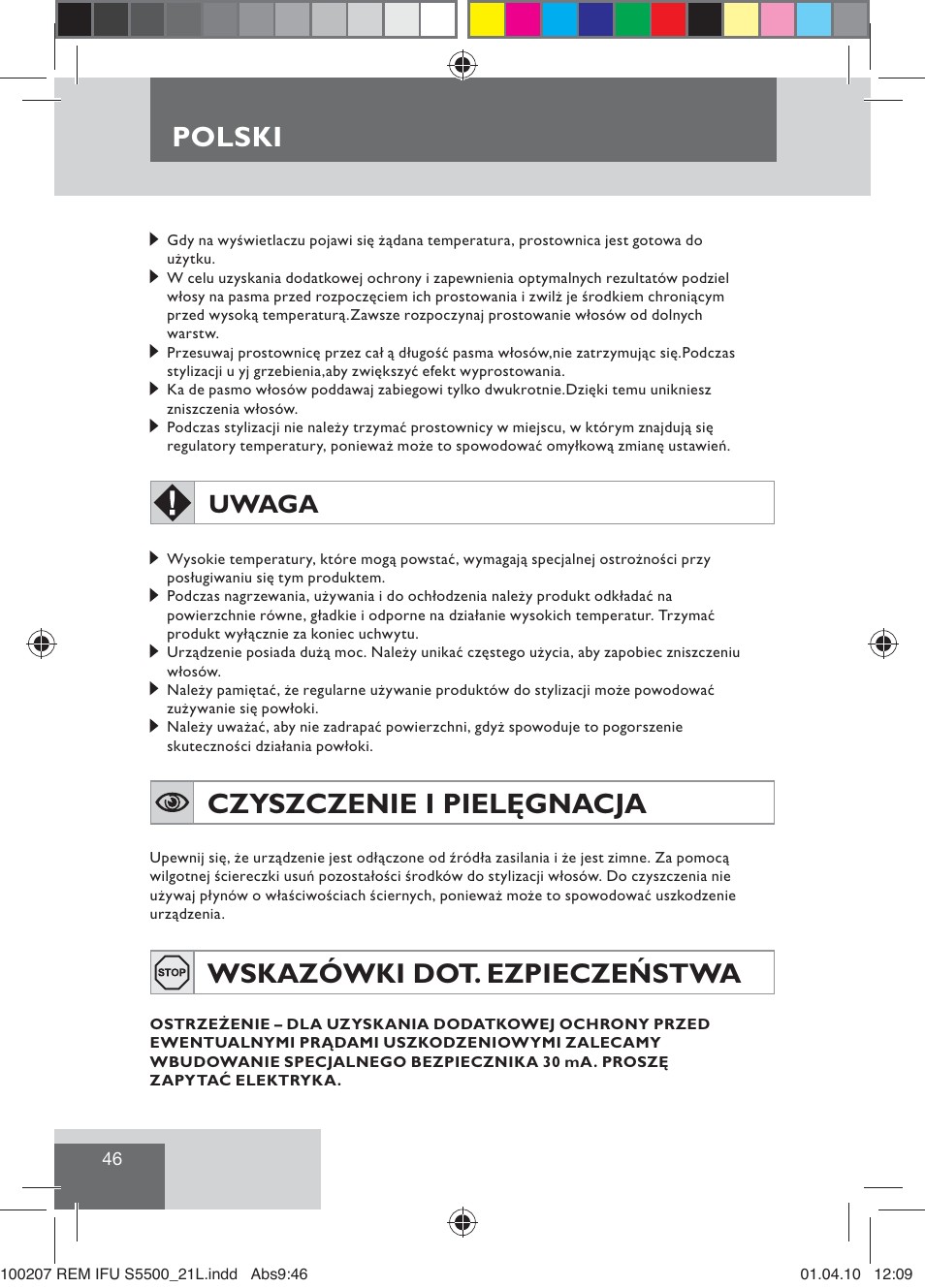 Polski, Czyszczenie i pielęgnacja, Wskazówki dot. ezpieczeństwa | Uwaga | Remington S5500 User Manual | Page 48 / 83