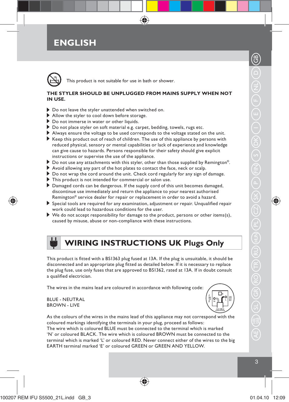 English, Wiring instructions uk plugs only | Remington S5500 User Manual | Page 5 / 83
