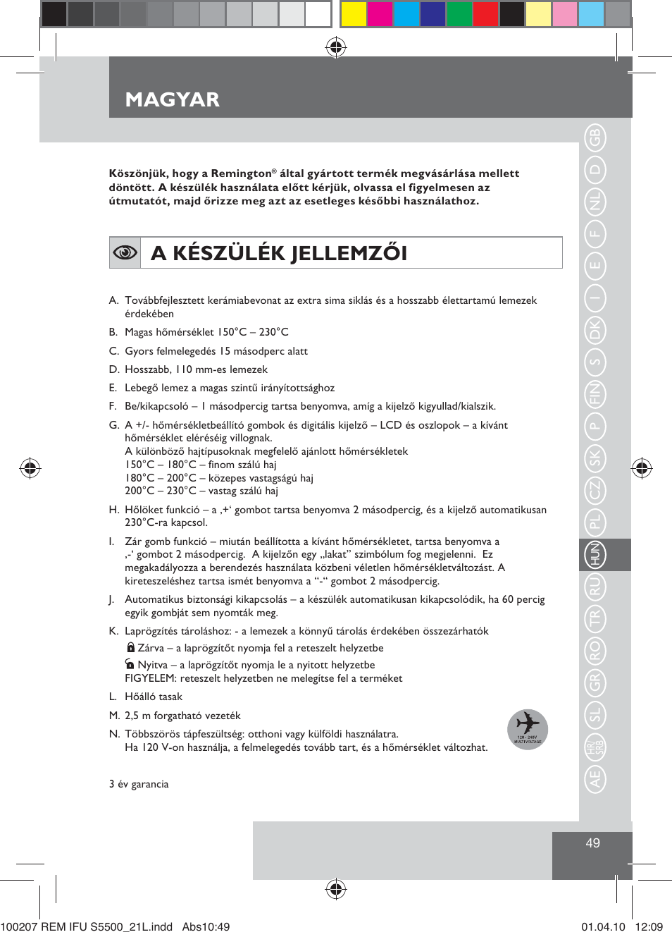 Magyar, A készülék jellemzői | Remington S5500 User Manual | Page 51 / 83