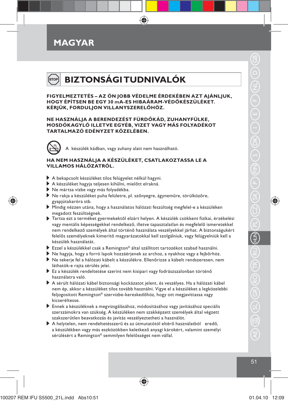 Magyar, Biztonsági tudnivalók | Remington S5500 User Manual | Page 53 / 83
