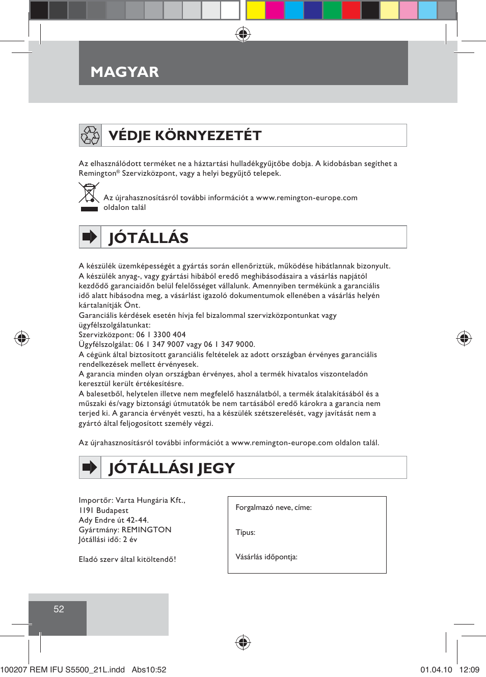 Magyar, Jótállás, Jótállási jegy | Védje környezetét | Remington S5500 User Manual | Page 54 / 83