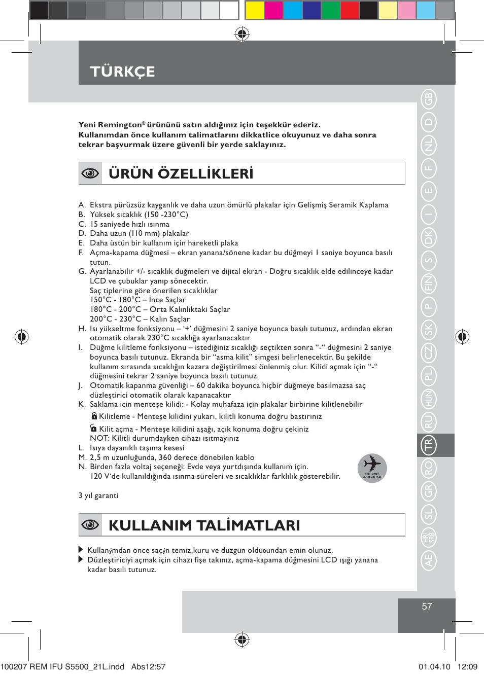 Türkçe, Kullanim talimatlari, Ürün özellikleri | Remington S5500 User Manual | Page 59 / 83