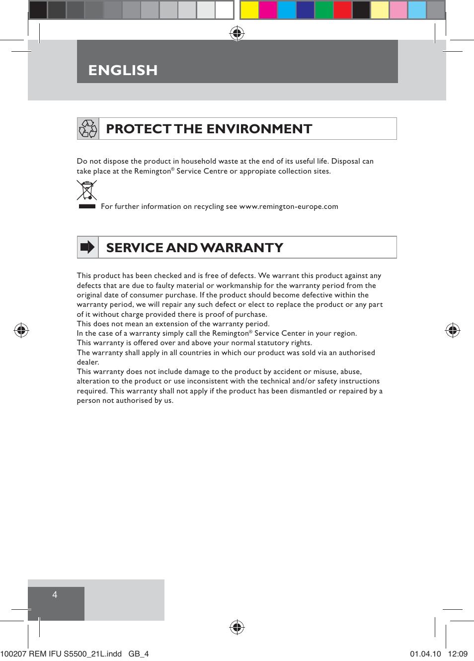 English, Protect the environment, Service and warranty | Remington S5500 User Manual | Page 6 / 83