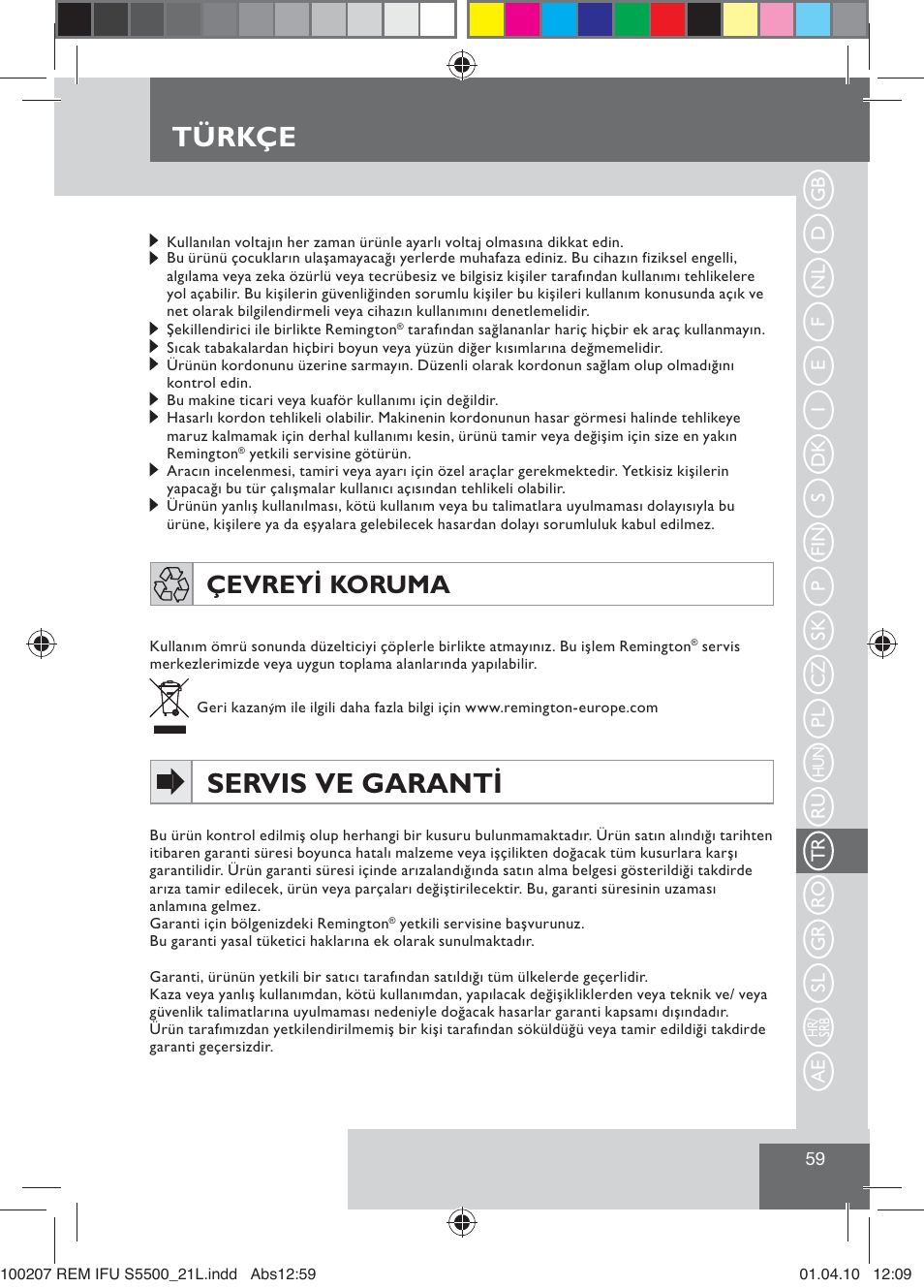 Türkçe, Servis ve garanti, Çevreyi koruma | Remington S5500 User Manual | Page 61 / 83