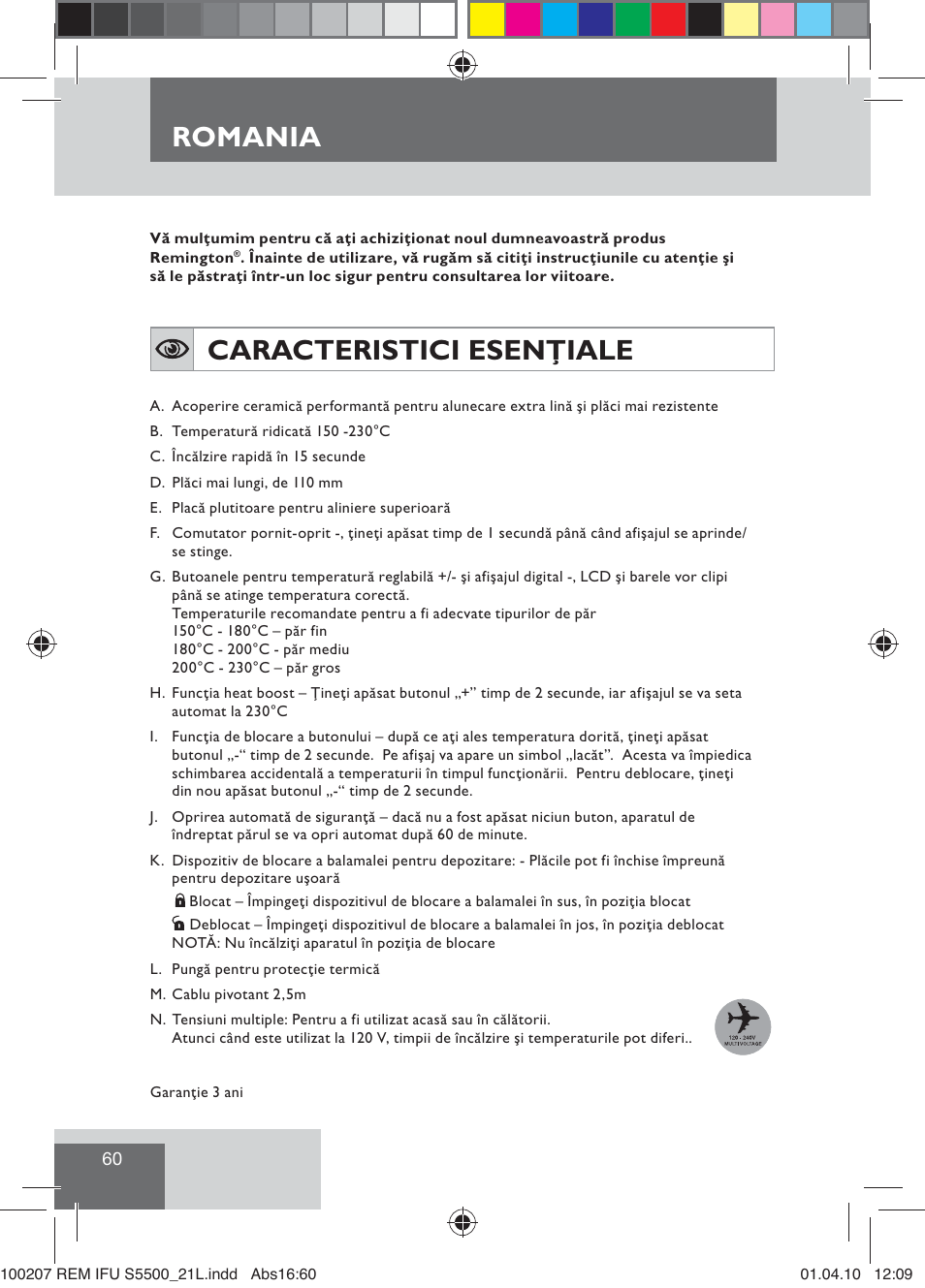 Romania, Caracteristici esenţiale | Remington S5500 User Manual | Page 62 / 83