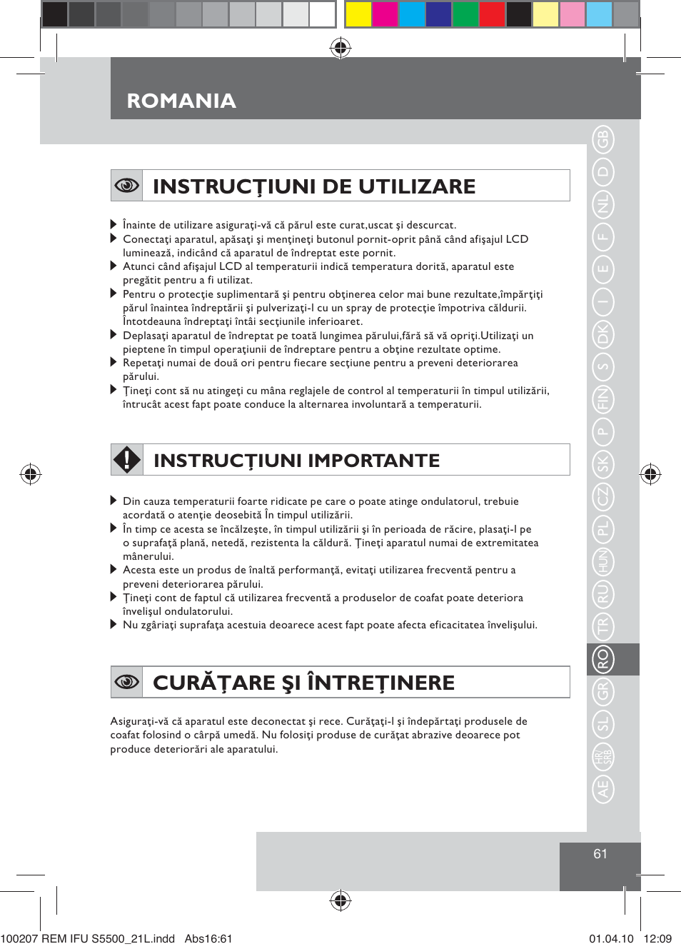 Romania, Instrucţiuni de utilizare, Curăţare şi întreţinere | Instrucţiuni importante | Remington S5500 User Manual | Page 63 / 83