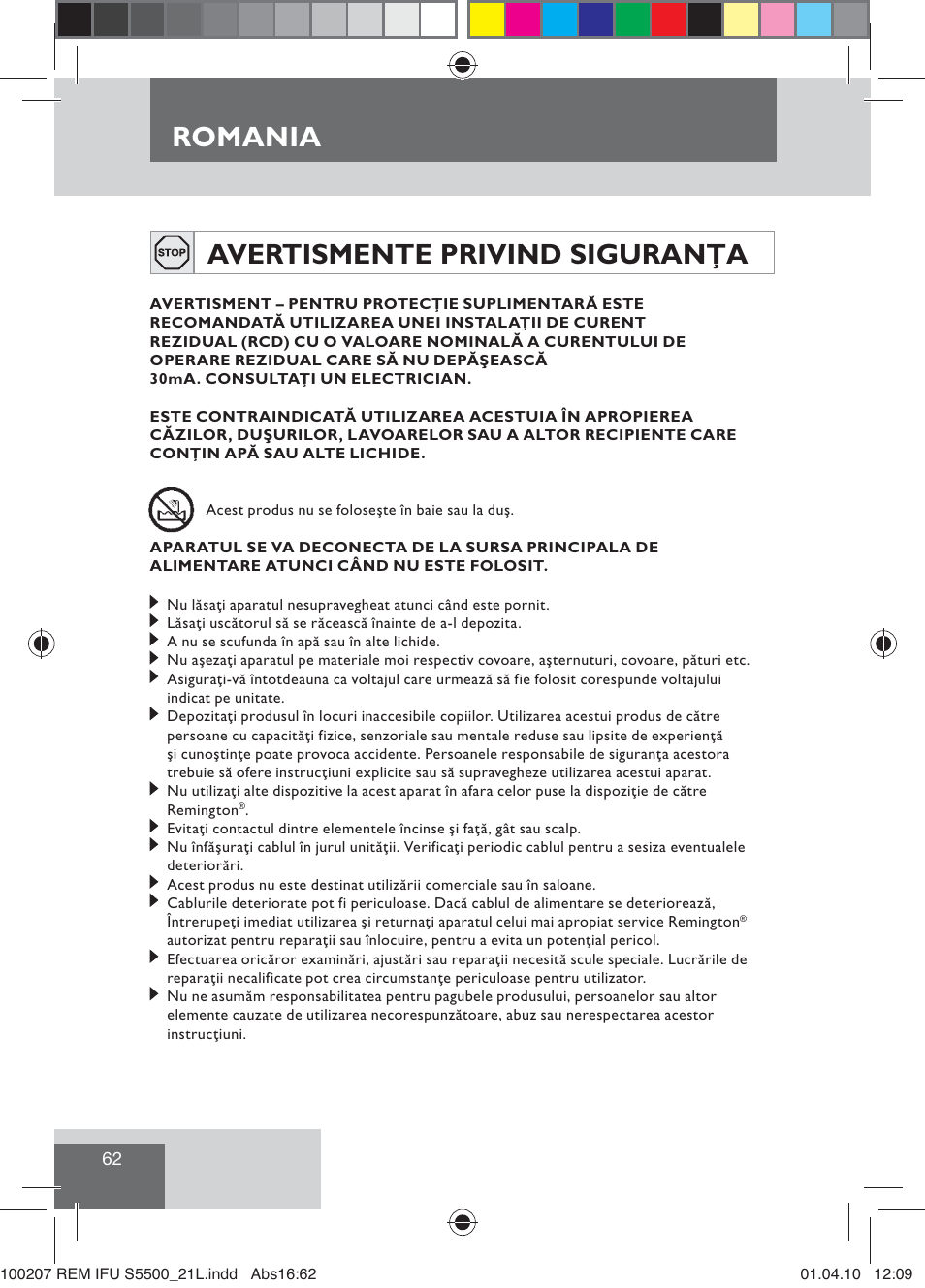 Romania, Avertismente privind siguranţa | Remington S5500 User Manual | Page 64 / 83