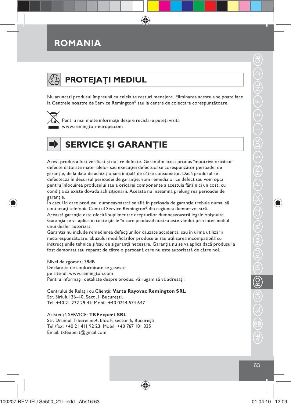 Romania, Service şi garanţie, Protejaţi mediul | Remington S5500 User Manual | Page 65 / 83