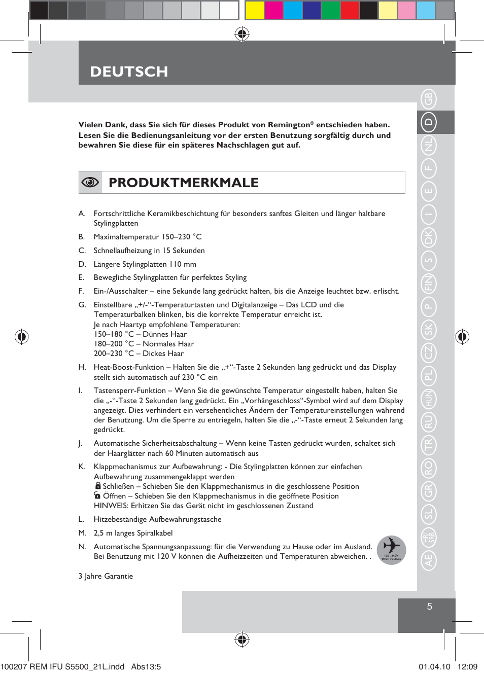 Deutsch, Produktmerkmale | Remington S5500 User Manual | Page 7 / 83