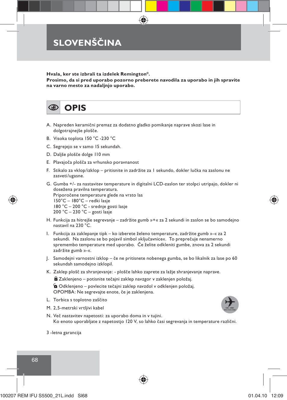 Slovenščina, Opis | Remington S5500 User Manual | Page 70 / 83