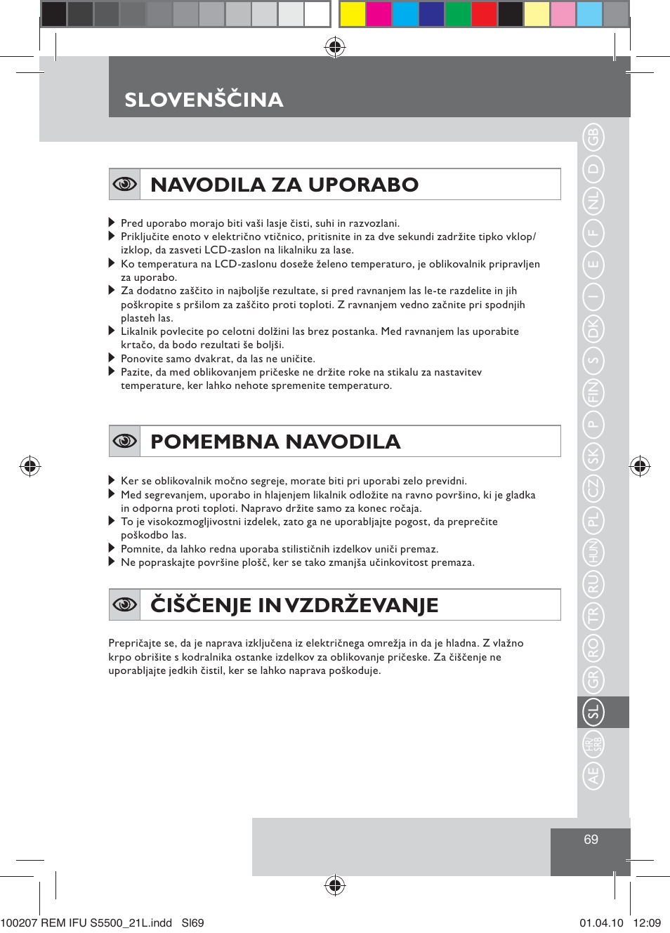 Slovenščina, Navodila za uporabo, Pomembna navodila | Čiščenje in vzdrževanje | Remington S5500 User Manual | Page 71 / 83