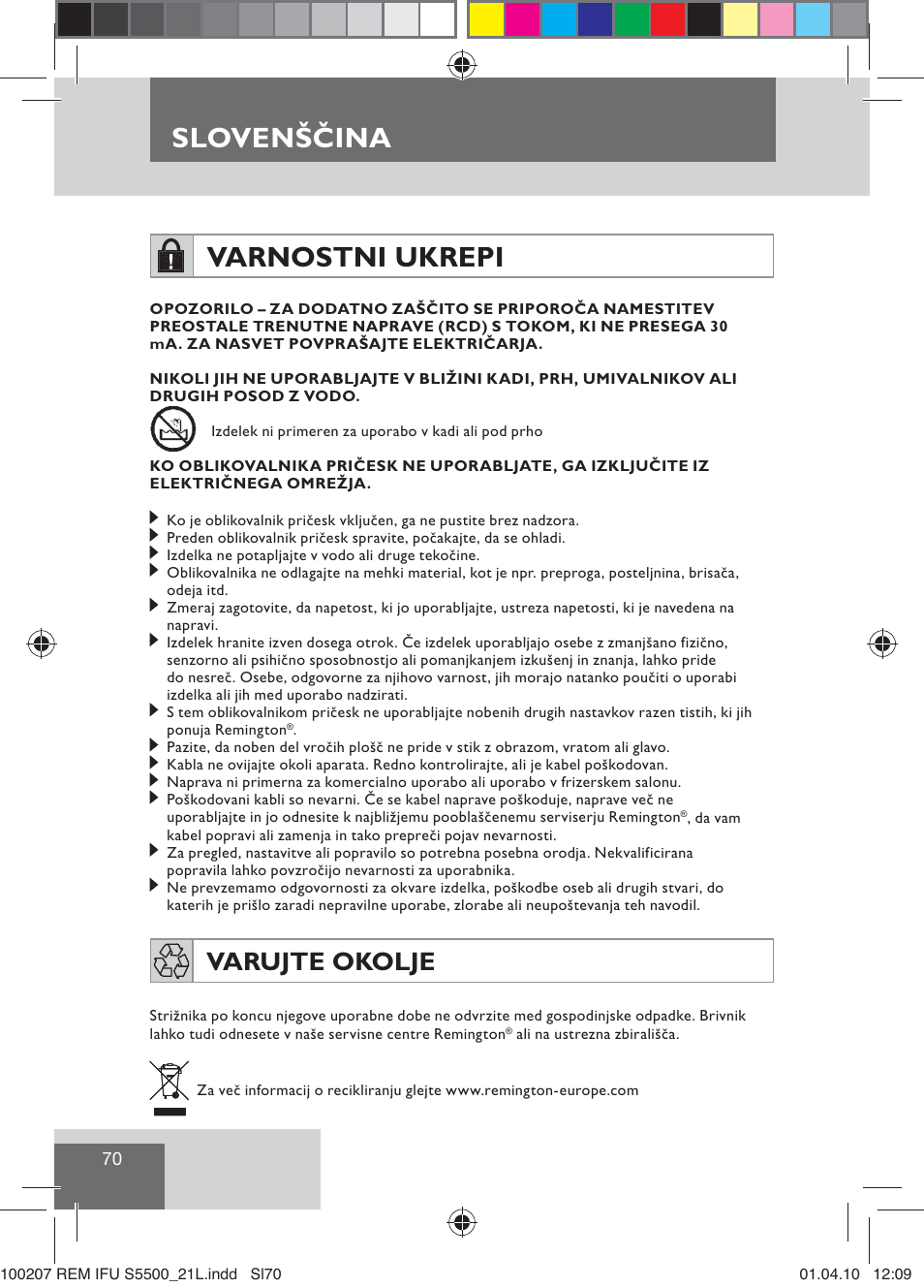 Slovenščina varnostni ukrepi, Varujte okolje | Remington S5500 User Manual | Page 72 / 83