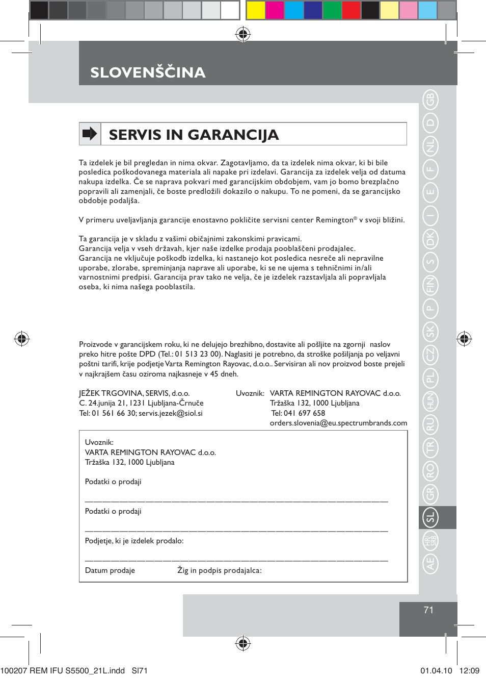 Slovenščina, Servis in garancija | Remington S5500 User Manual | Page 73 / 83