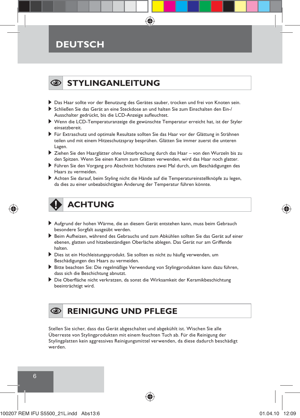 Deutsch, Stylinganleitung, Achtung | Reinigung und pflege | Remington S5500 User Manual | Page 8 / 83