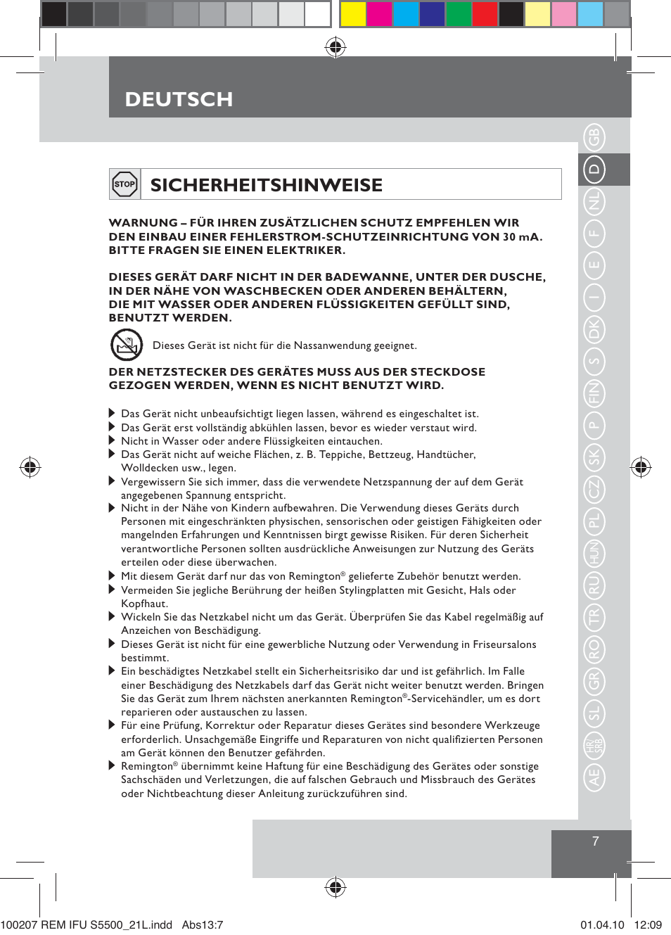 Deutsch, Sicherheitshinweise | Remington S5500 User Manual | Page 9 / 83