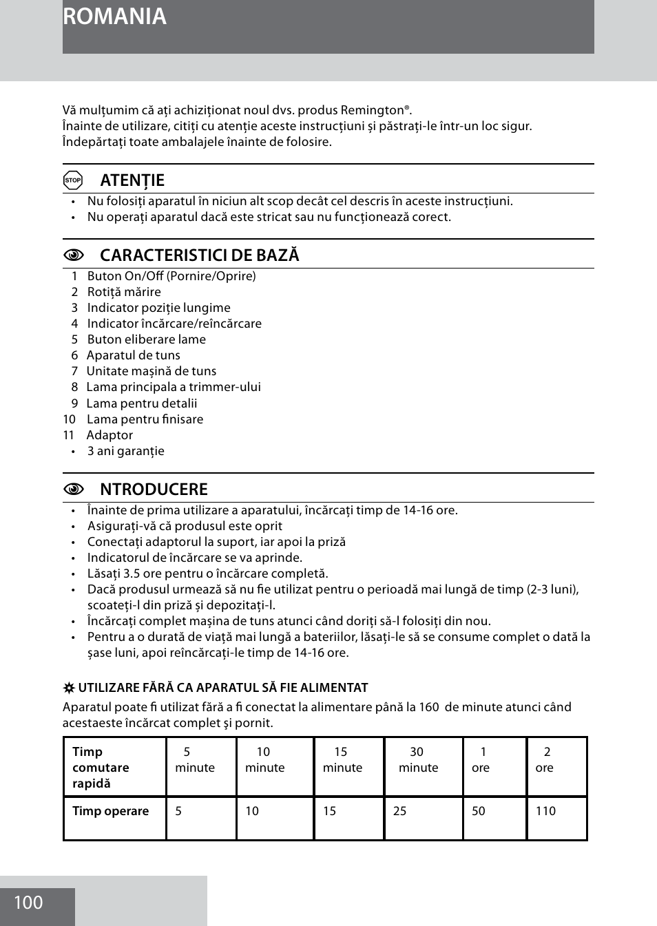 Romania, Aatenţie, Ccaracteristici de bază | Cntroducere | Remington MB4040 User Manual | Page 100 / 134