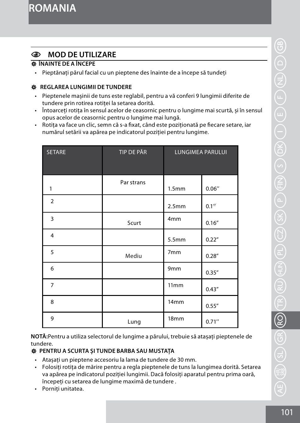 Romania, Cmod de utilizare | Remington MB4040 User Manual | Page 101 / 134