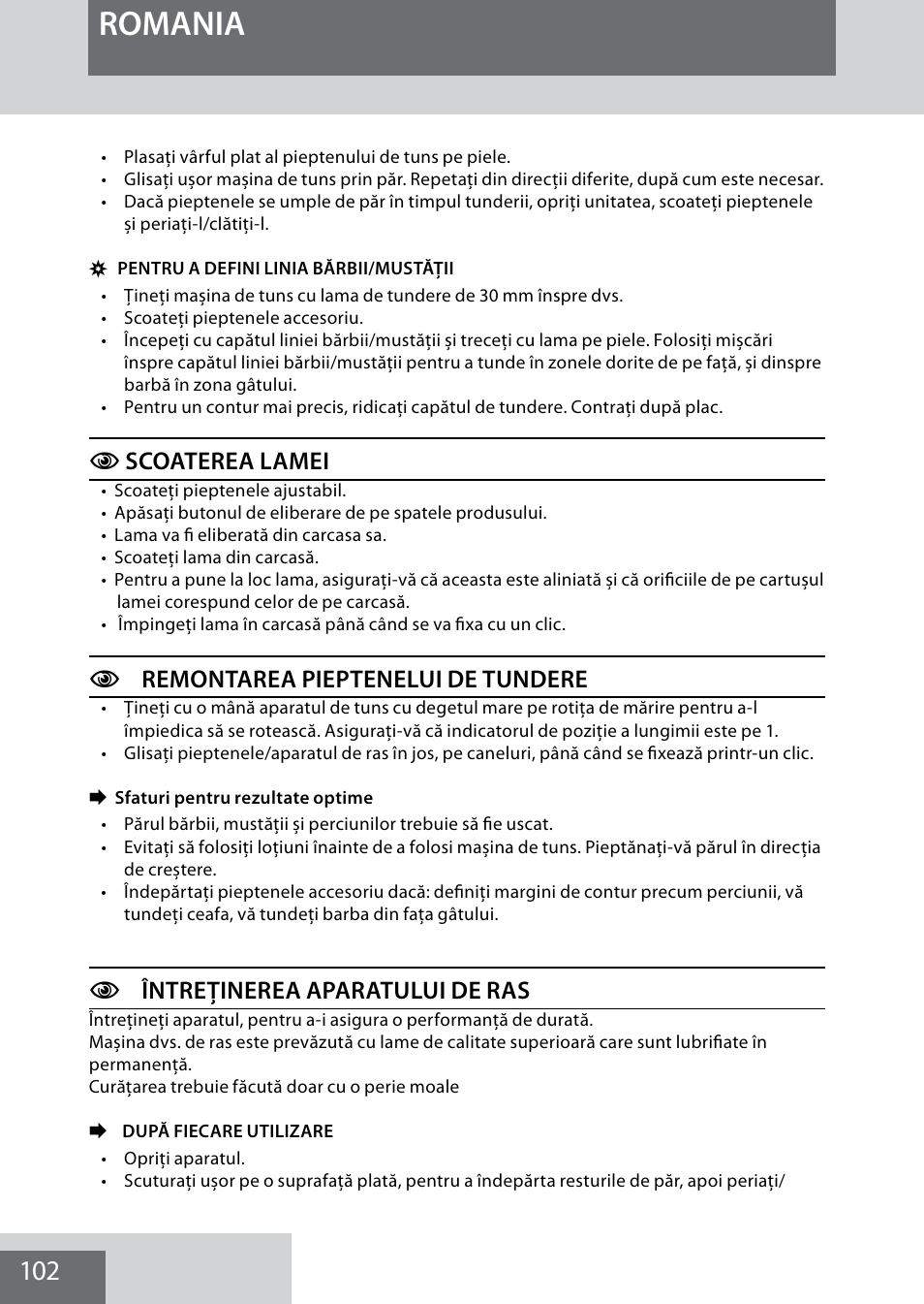 Romania, Cscoaterea lamei, Cremontarea pieptenelui de tundere | Cîntreținerea aparatului de ras | Remington MB4040 User Manual | Page 102 / 134