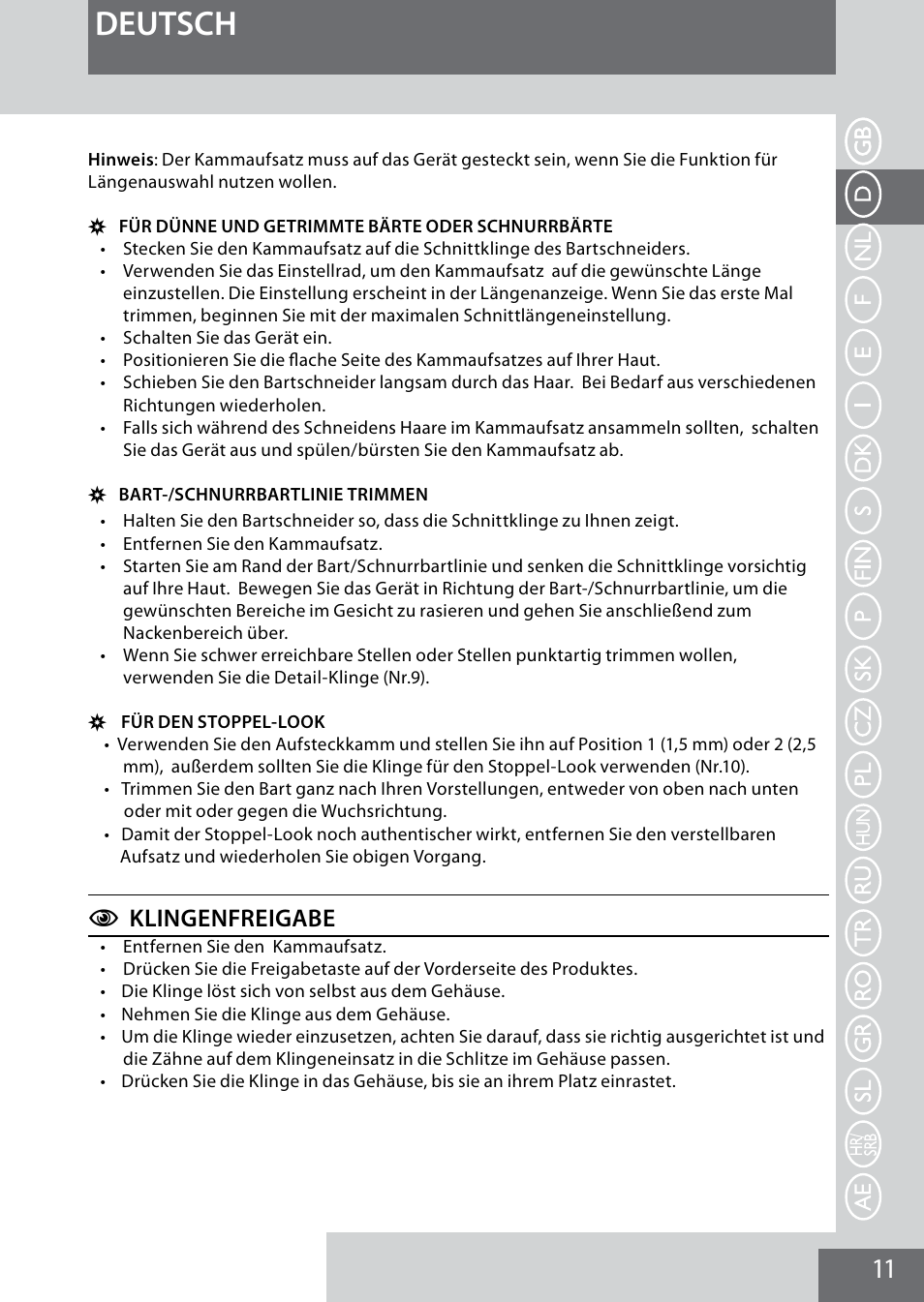 Deutsch, C klingenfreigabe | Remington MB4040 User Manual | Page 11 / 134