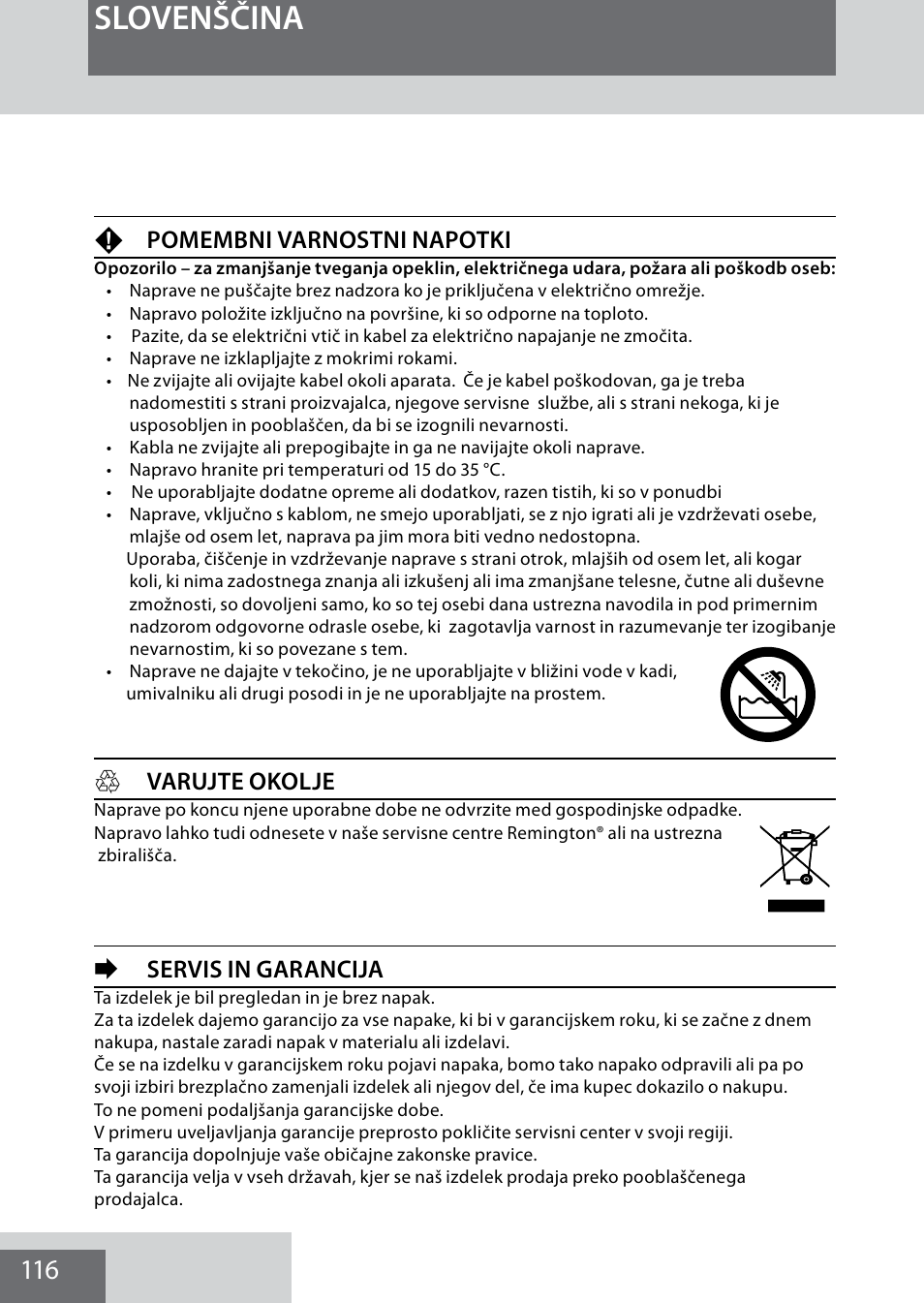 Slovenščina, Fpomembni varnostni napotki, Hvarujte okolje | Eservis in garancija | Remington MB4040 User Manual | Page 116 / 134