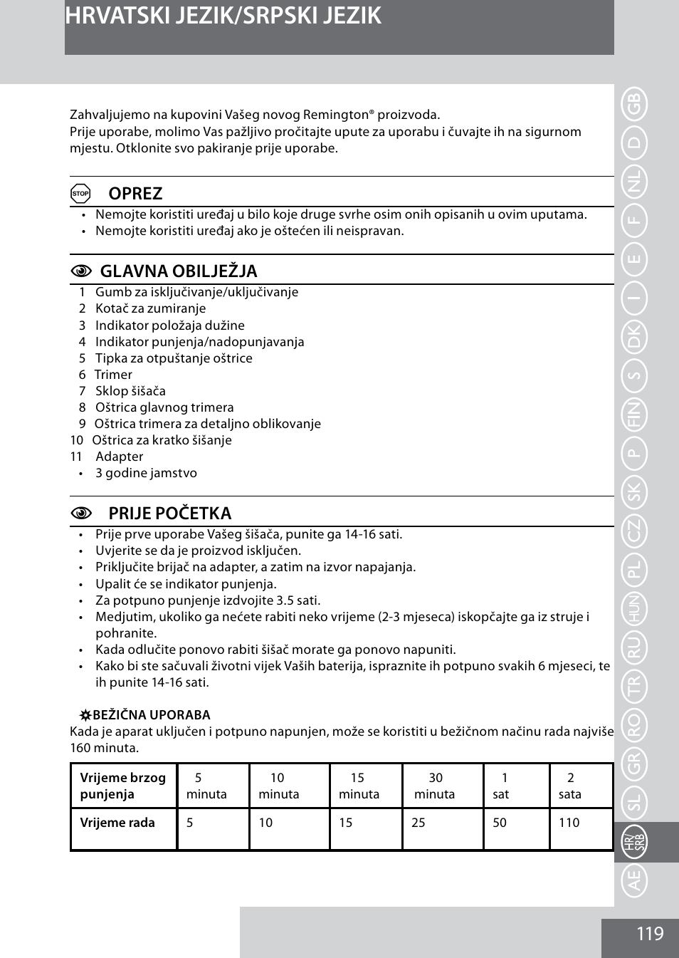 Hrvatski jezik/srpski jezik, Aoprez, Cglavna obilježja | Cprije početka | Remington MB4040 User Manual | Page 119 / 134