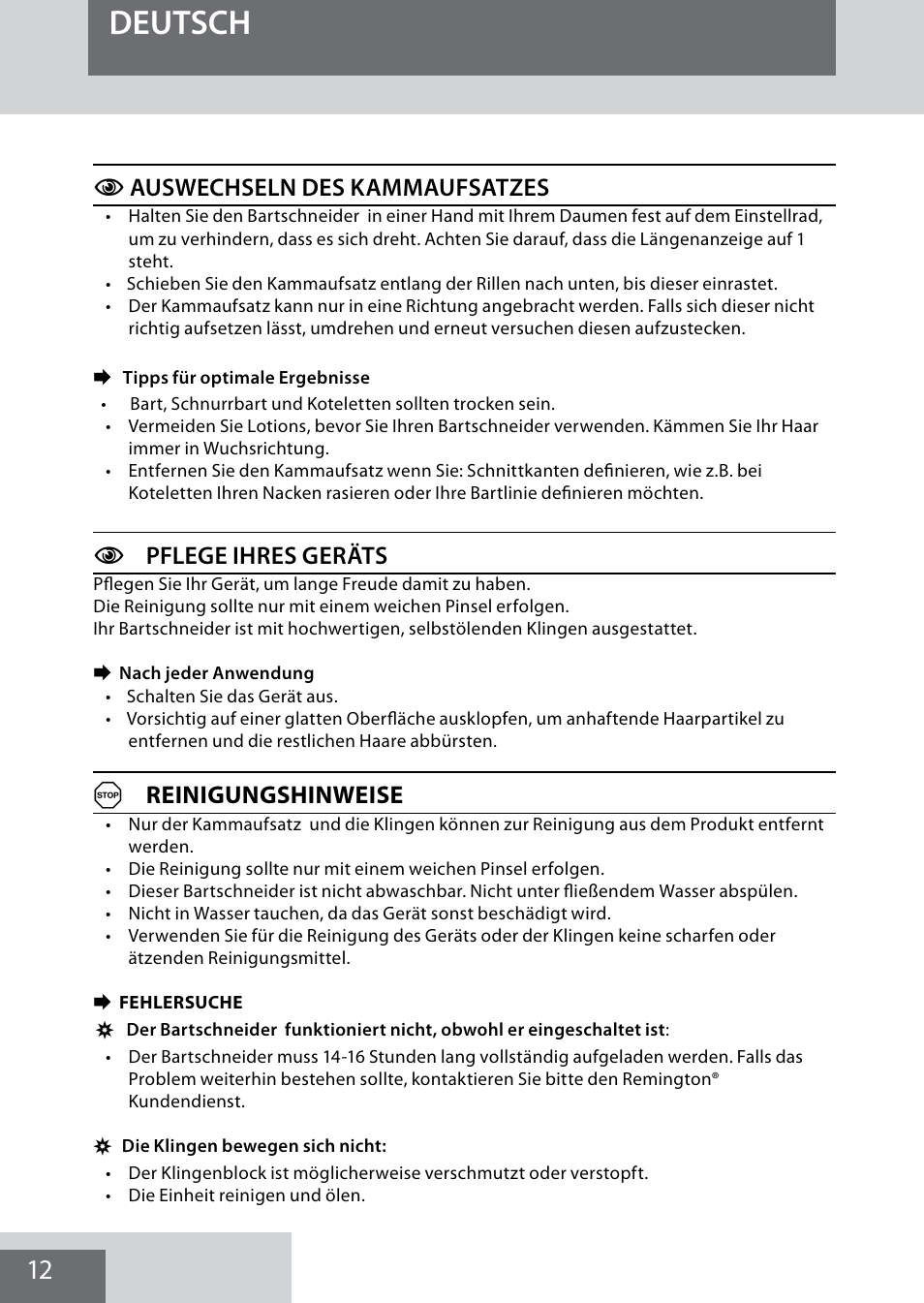 Deutsch, Causwechseln des kammaufsatzes, Cpflege ihres geräts | Areinigungshinweise | Remington MB4040 User Manual | Page 12 / 134