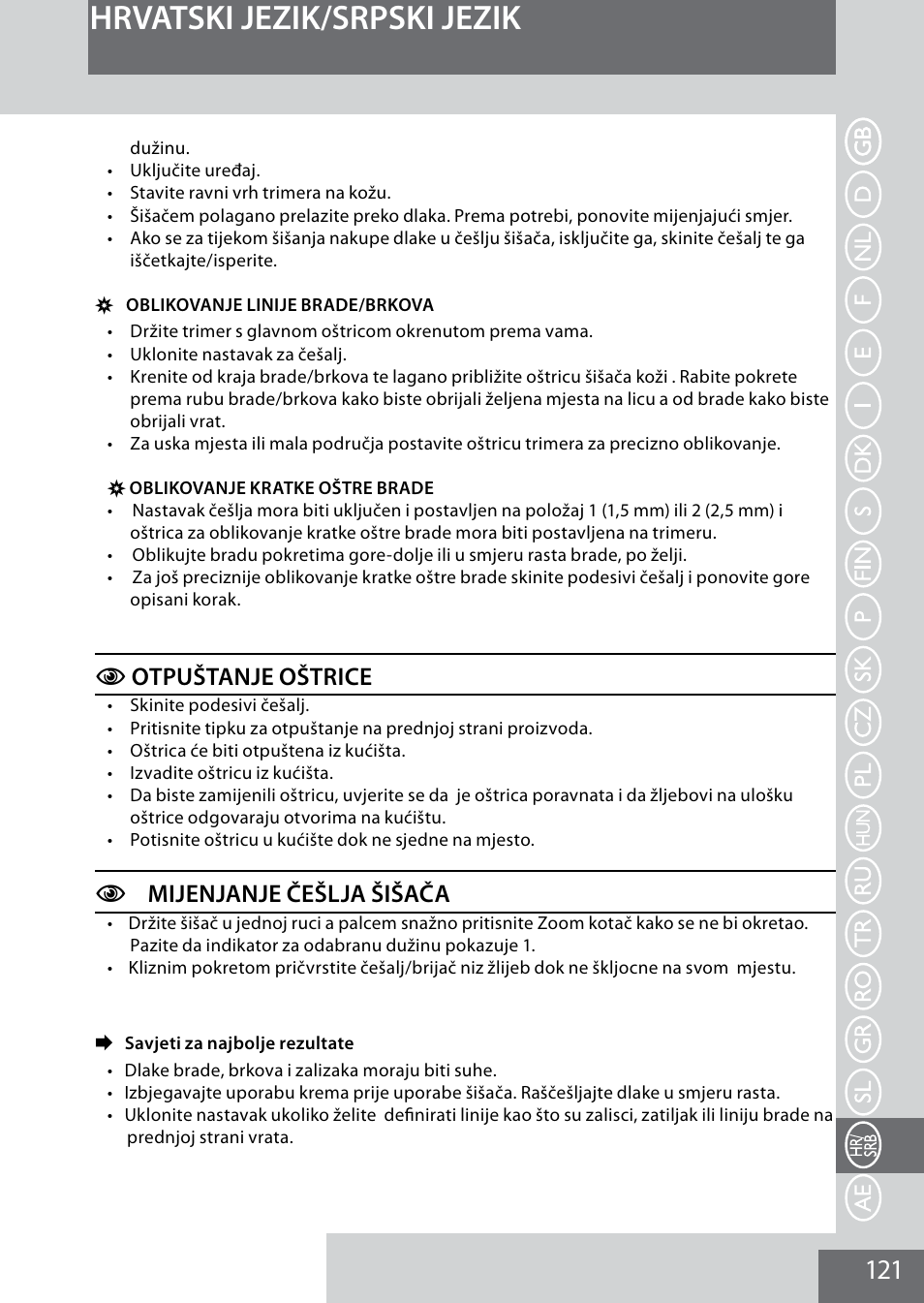Hrvatski jezik/srpski jezik, Cotpuštanje oštrice, Cmijenjanje češlja šišača | Remington MB4040 User Manual | Page 121 / 134