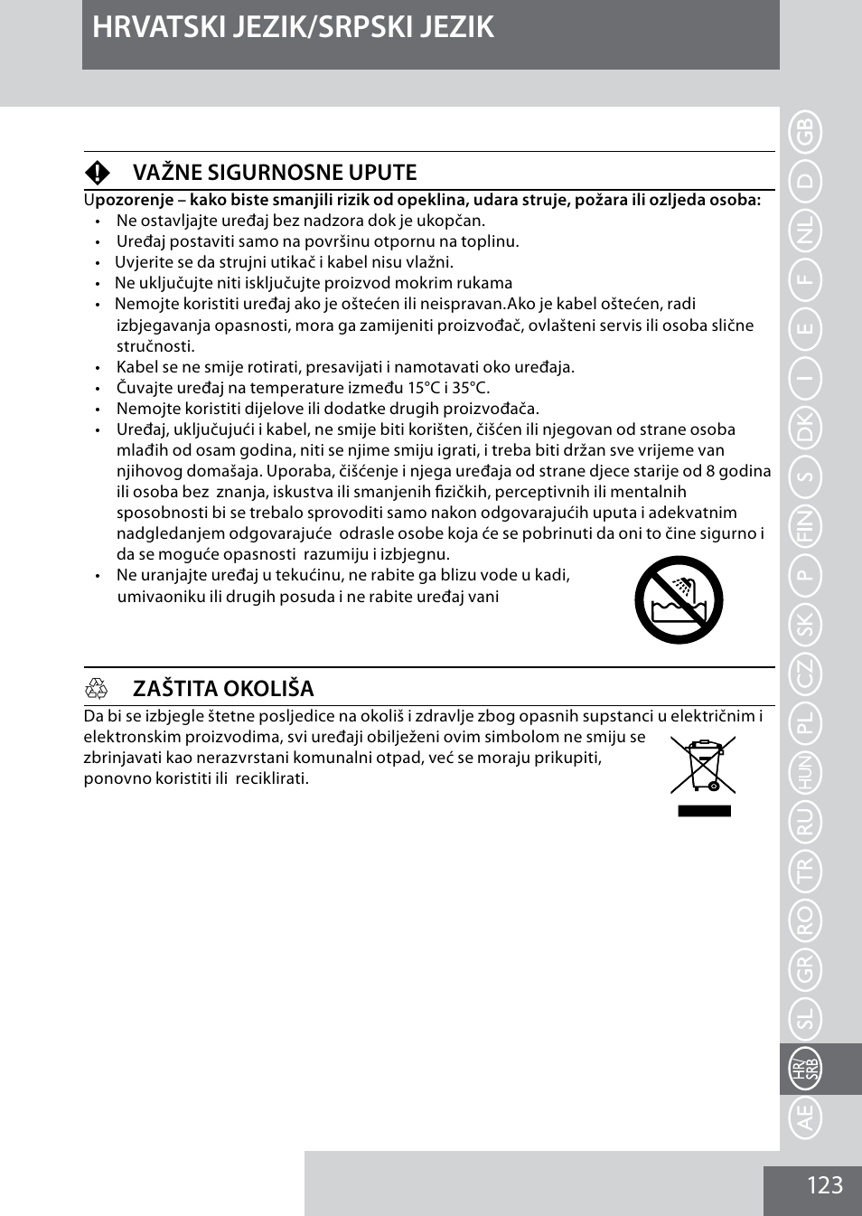 Hrvatski jezik/srpski jezik, Fvažne sigurnosne upute, Hzaštita okoliša | Remington MB4040 User Manual | Page 123 / 134