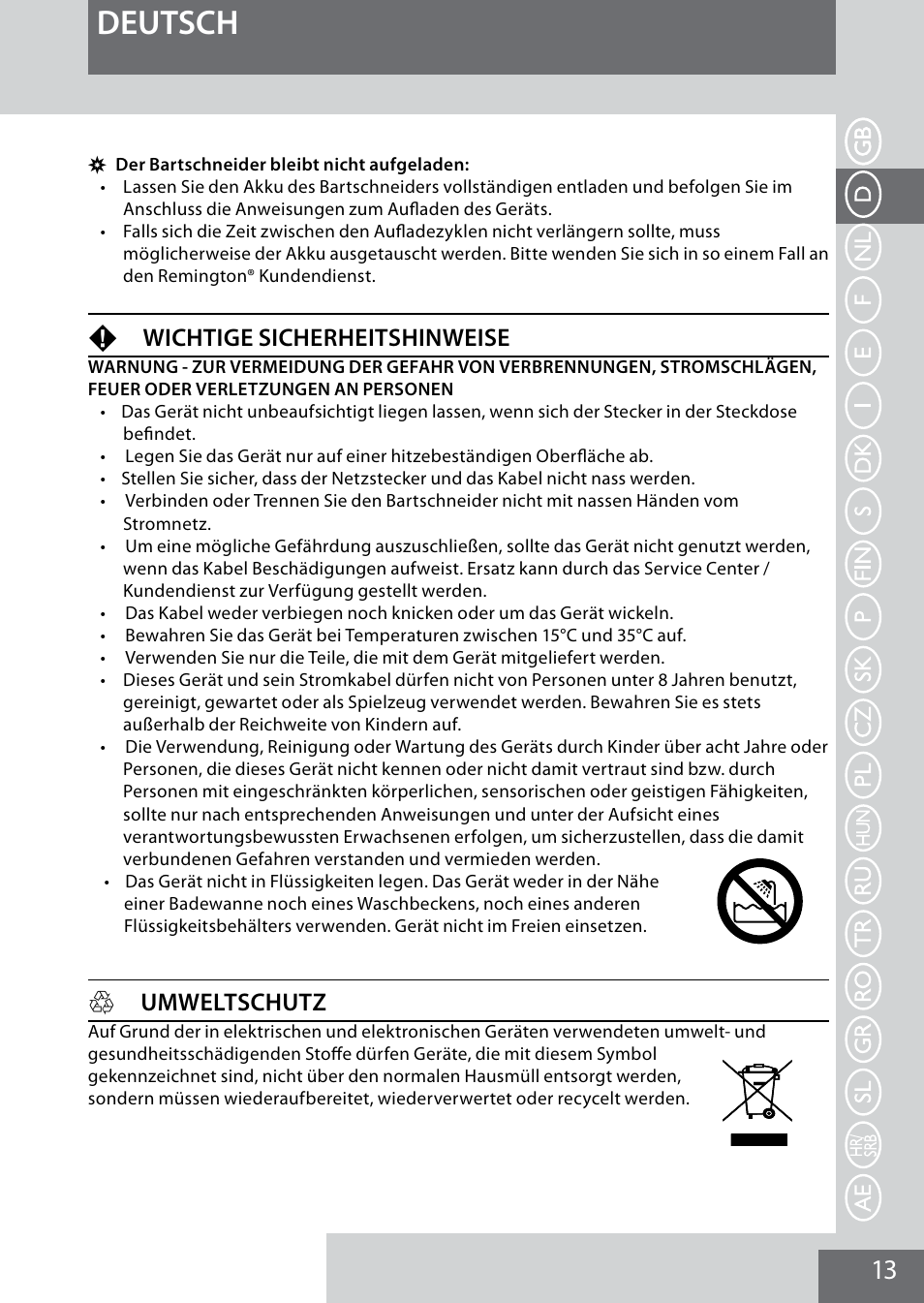 Deutsch, Fwichtige sicherheitshinweise, Humweltschutz | Remington MB4040 User Manual | Page 13 / 134