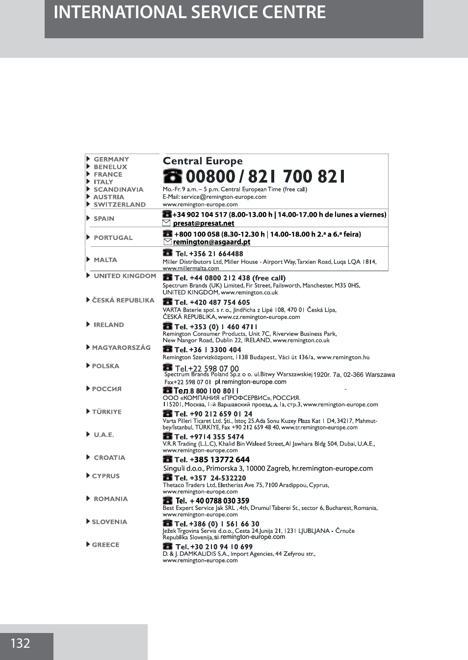 International service centre | Remington MB4040 User Manual | Page 132 / 134