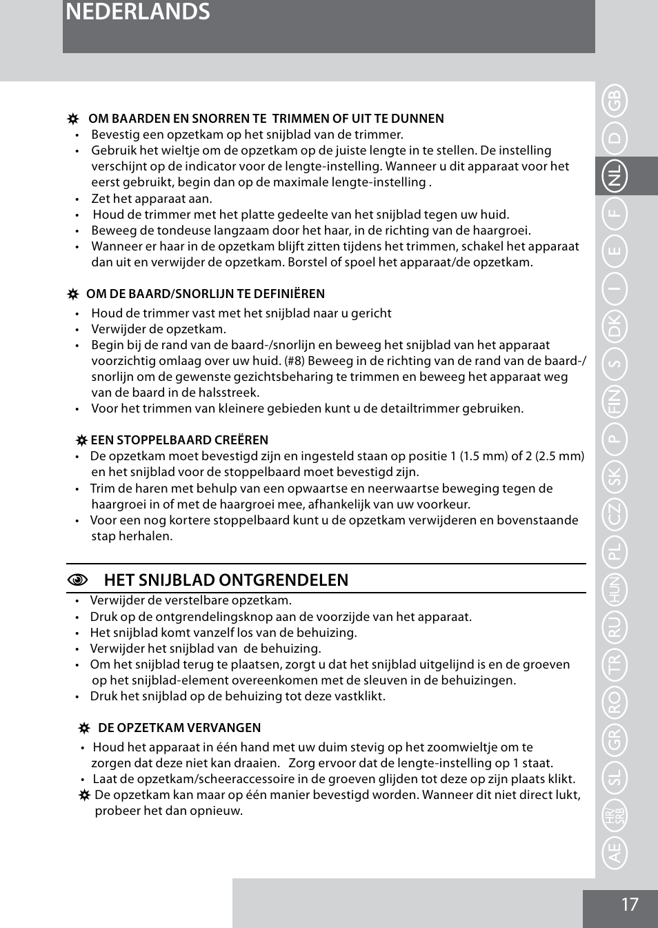 Nederlands, Chet snijblad ontgrendelen | Remington MB4040 User Manual | Page 17 / 134