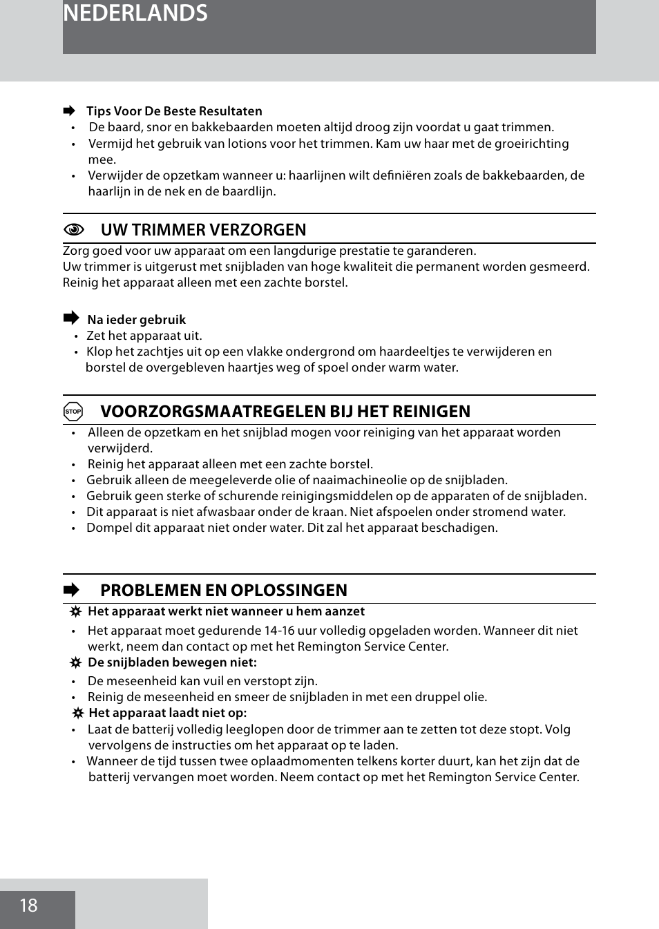 Nederlands, Cuw trimmer verzorgen, Avoorzorgsmaatregelen bij het reinigen | Eproblemen en oplossingen | Remington MB4040 User Manual | Page 18 / 134