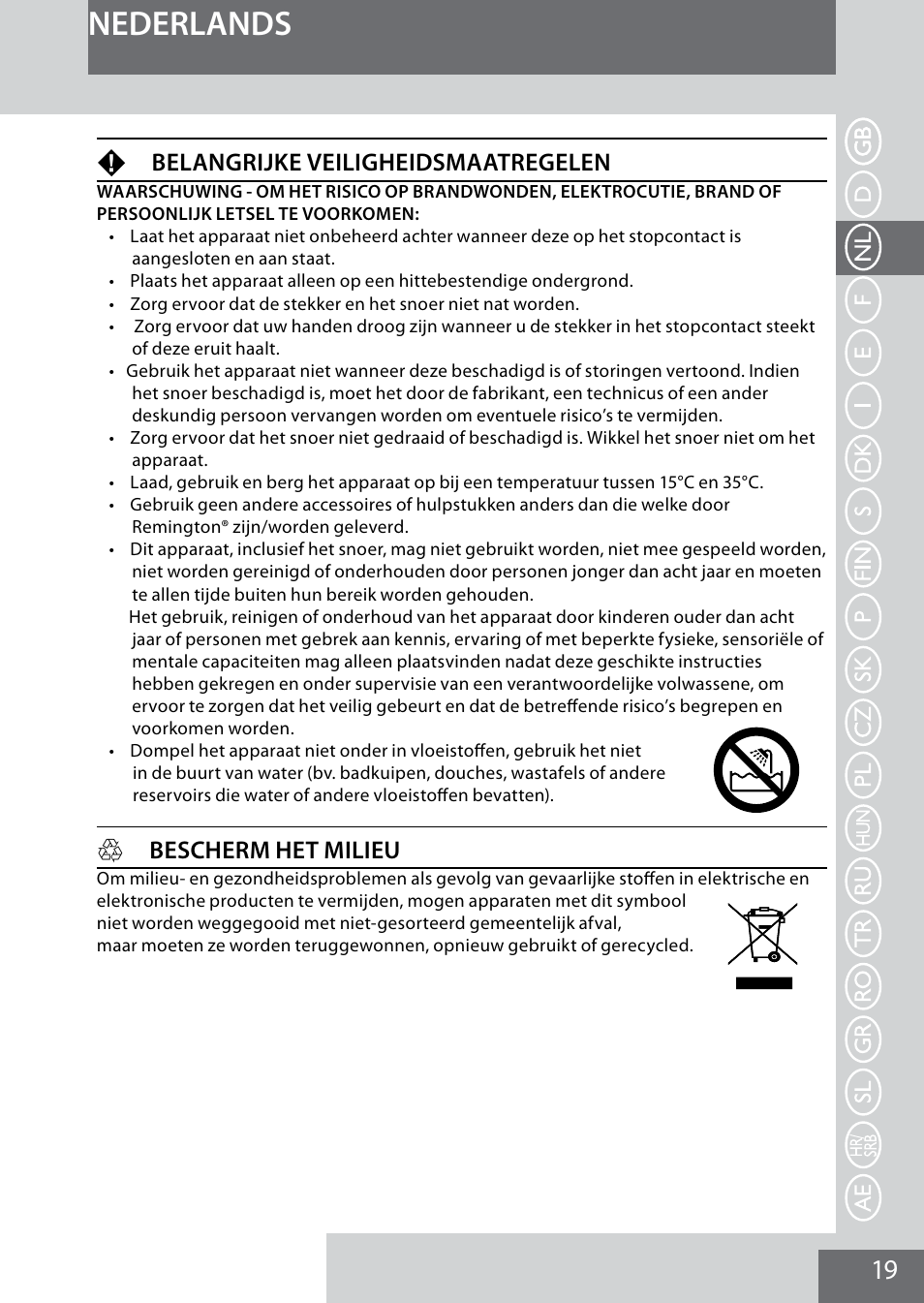 Nederlands, Fbelangrijke veiligheidsmaatregelen, Hbescherm het milieu | Remington MB4040 User Manual | Page 19 / 134