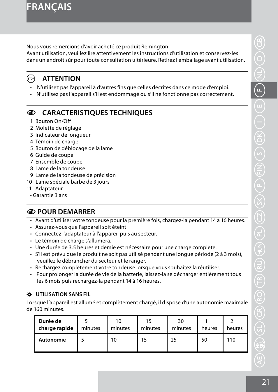 Français, Aattention, Ccaracteristiques techniques | Cpour demarrer | Remington MB4040 User Manual | Page 21 / 134