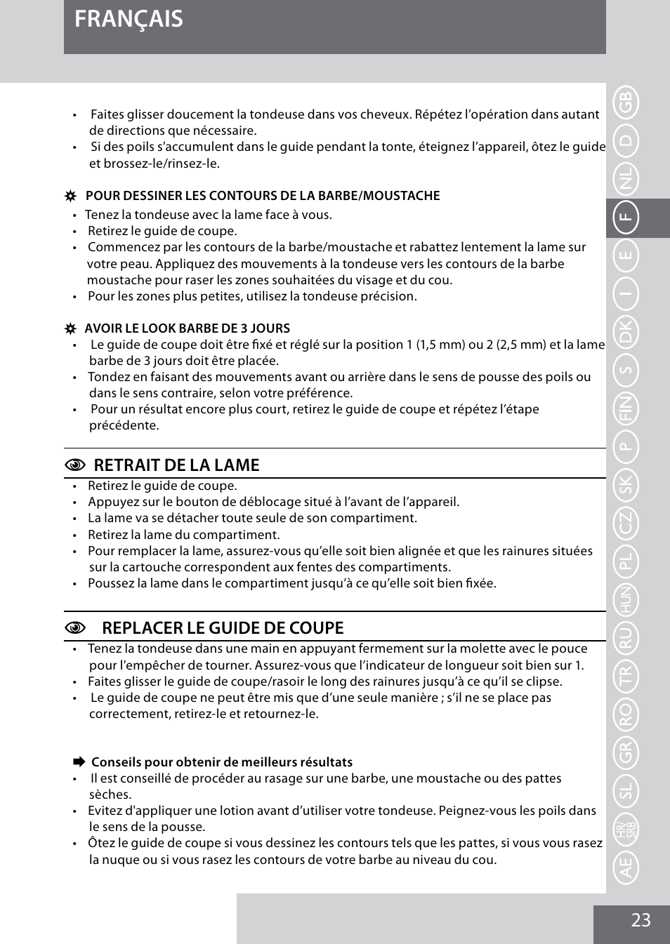 Français, Cretrait de la lame, Creplacer le guide de coupe | Remington MB4040 User Manual | Page 23 / 134