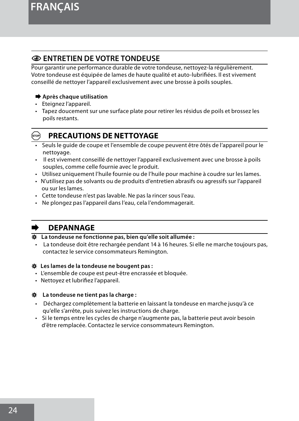 Français, Centretien de votre tondeuse, Aprecautions de nettoyage | Edepannage | Remington MB4040 User Manual | Page 24 / 134