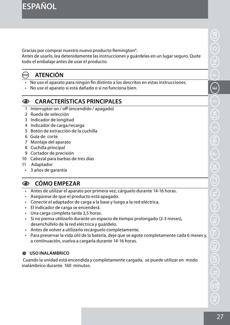 Español, Aatención, Ccaracterísticas principales | Ccómo empezar | Remington MB4040 User Manual | Page 27 / 134