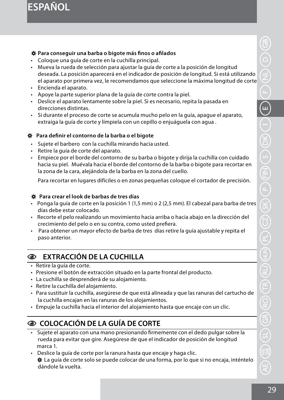 Español, Cextracción de la cuchilla, Ccolocación de la guía de corte | Remington MB4040 User Manual | Page 29 / 134