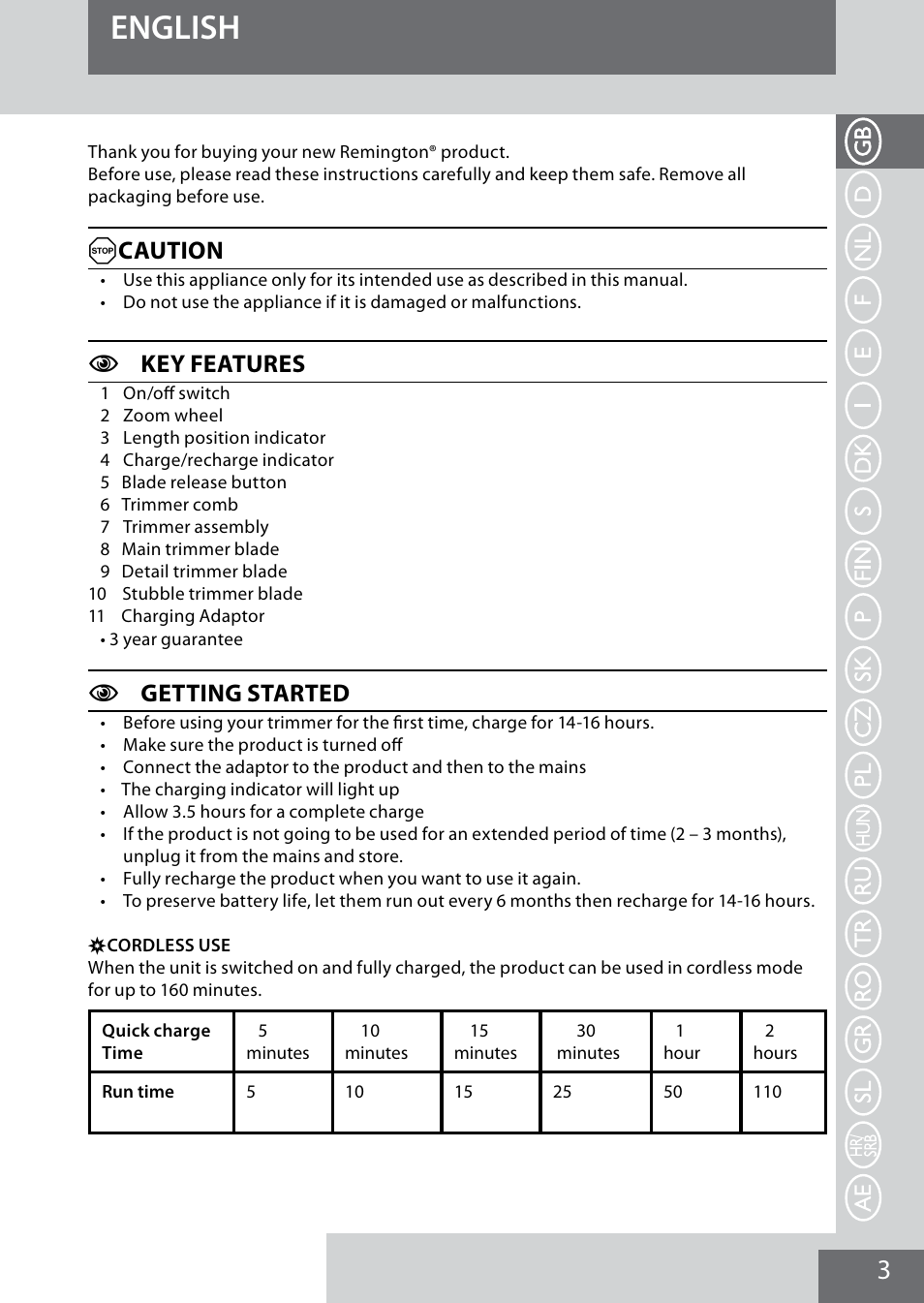 English, Acaution, Ckey features | Cgetting started | Remington MB4040 User Manual | Page 3 / 134