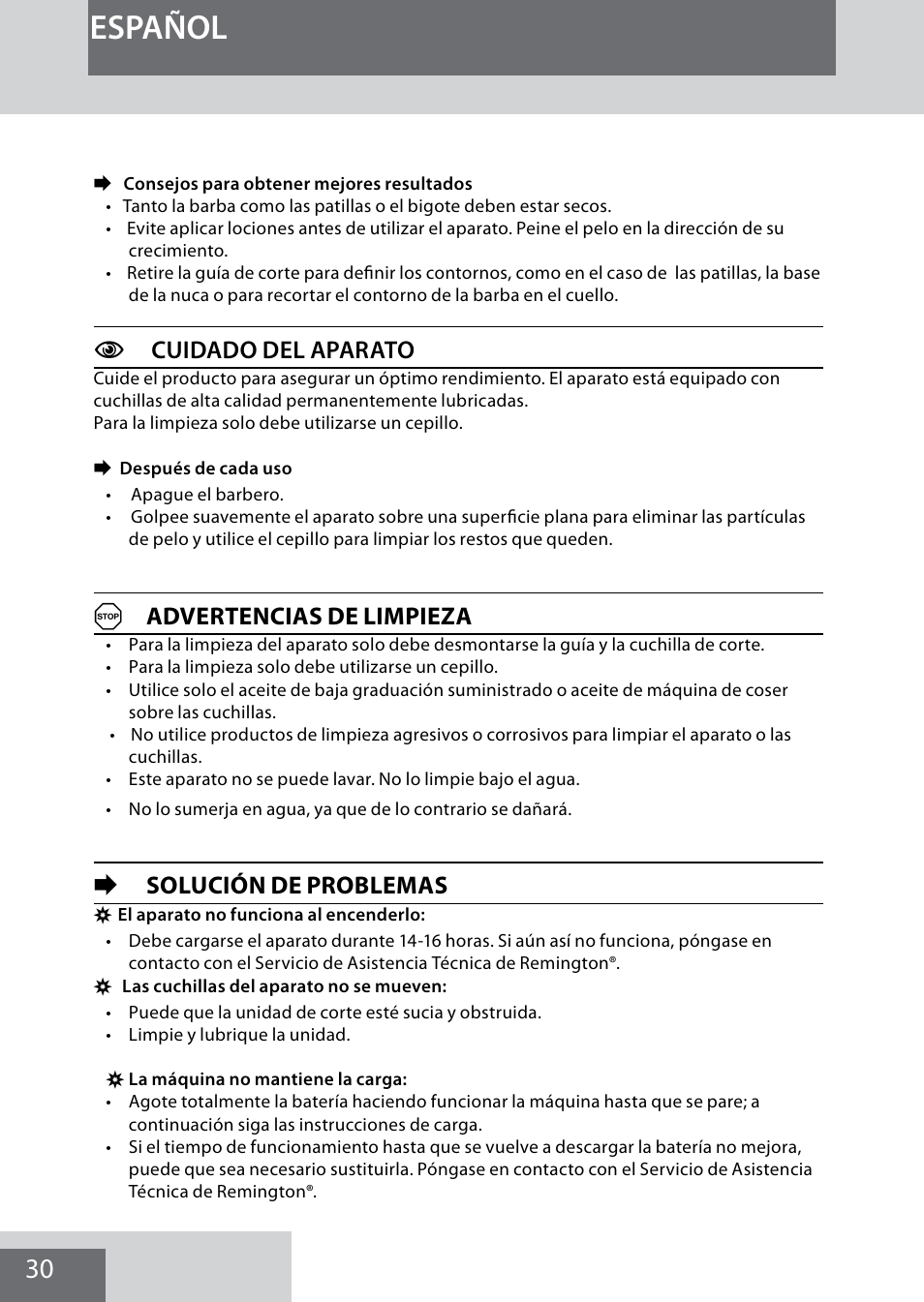 Español, Ccuidado del aparato, Aadvertencias de limpieza | Esolución de problemas | Remington MB4040 User Manual | Page 30 / 134