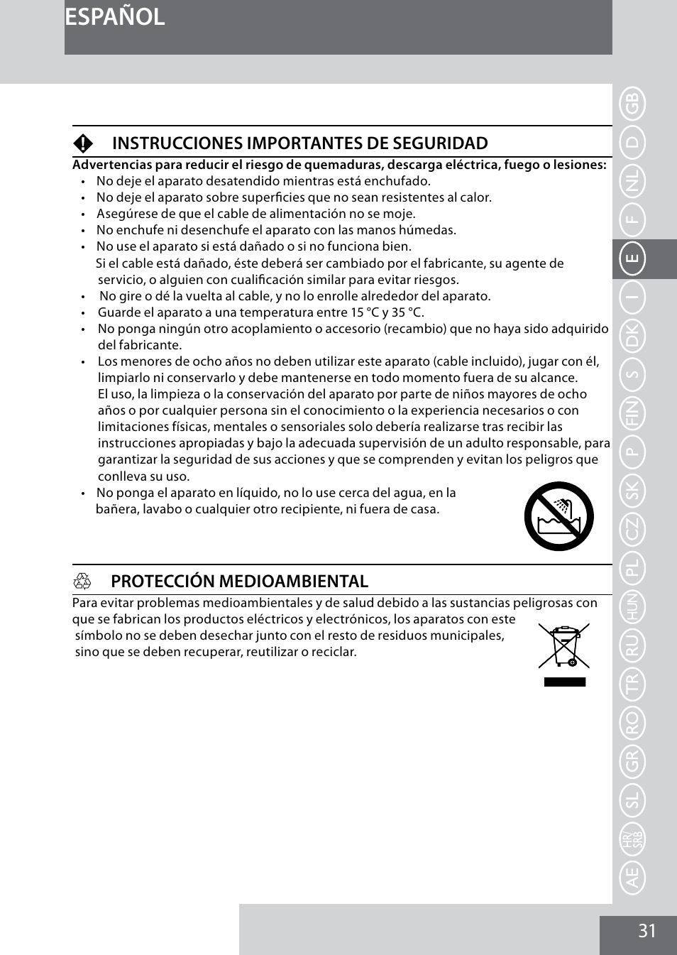 Español, Finstrucciones importantes de seguridad, Hprotección medioambiental | Remington MB4040 User Manual | Page 31 / 134