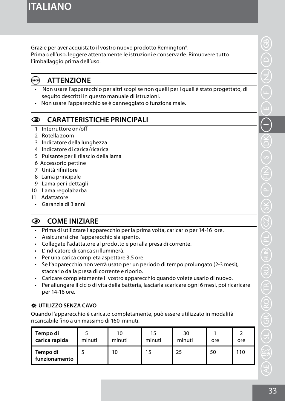 Italiano, Aattenzione, Ccaratteristiche principali | Ccome iniziare | Remington MB4040 User Manual | Page 33 / 134