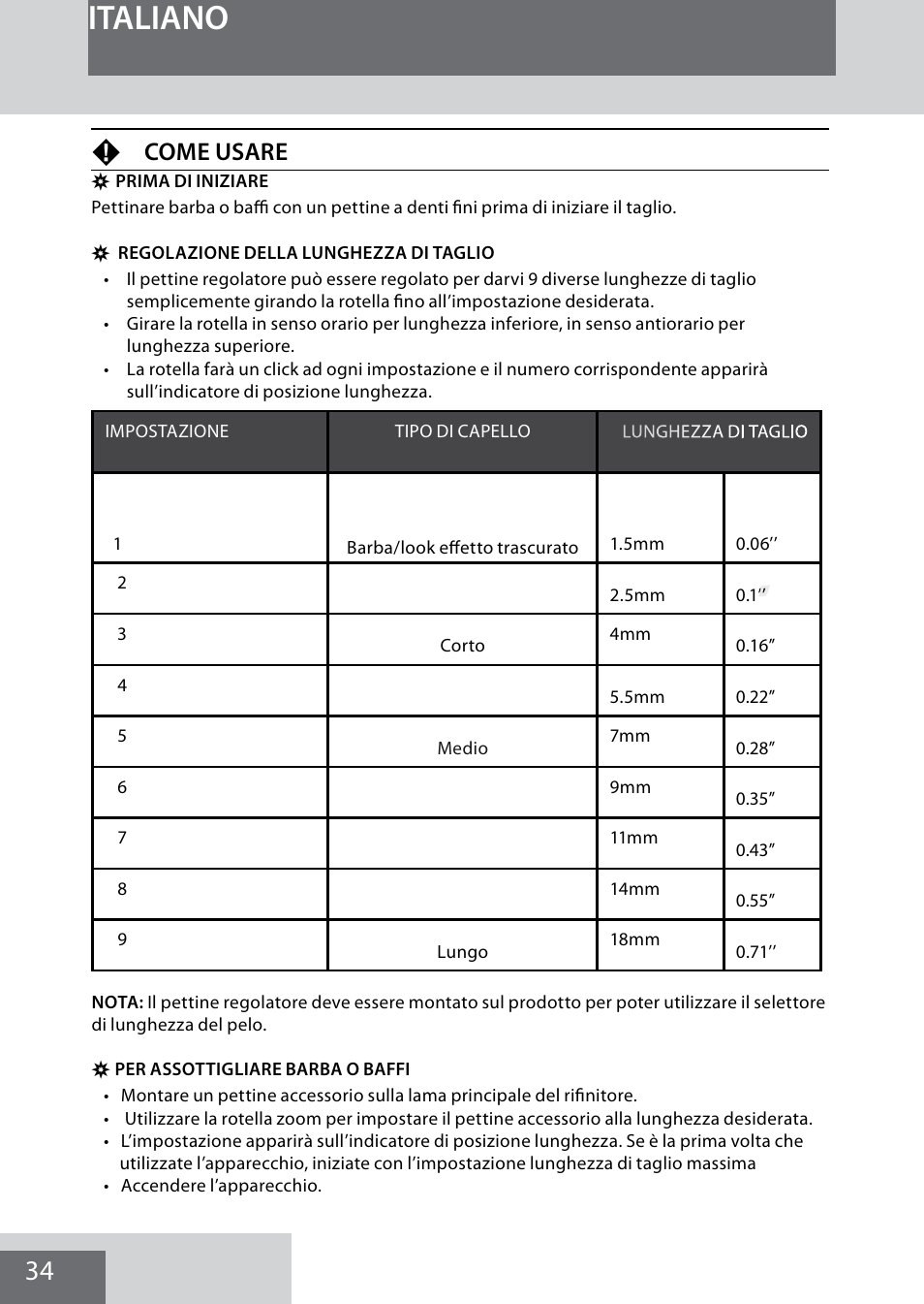 Italiano, Fcome usare | Remington MB4040 User Manual | Page 34 / 134